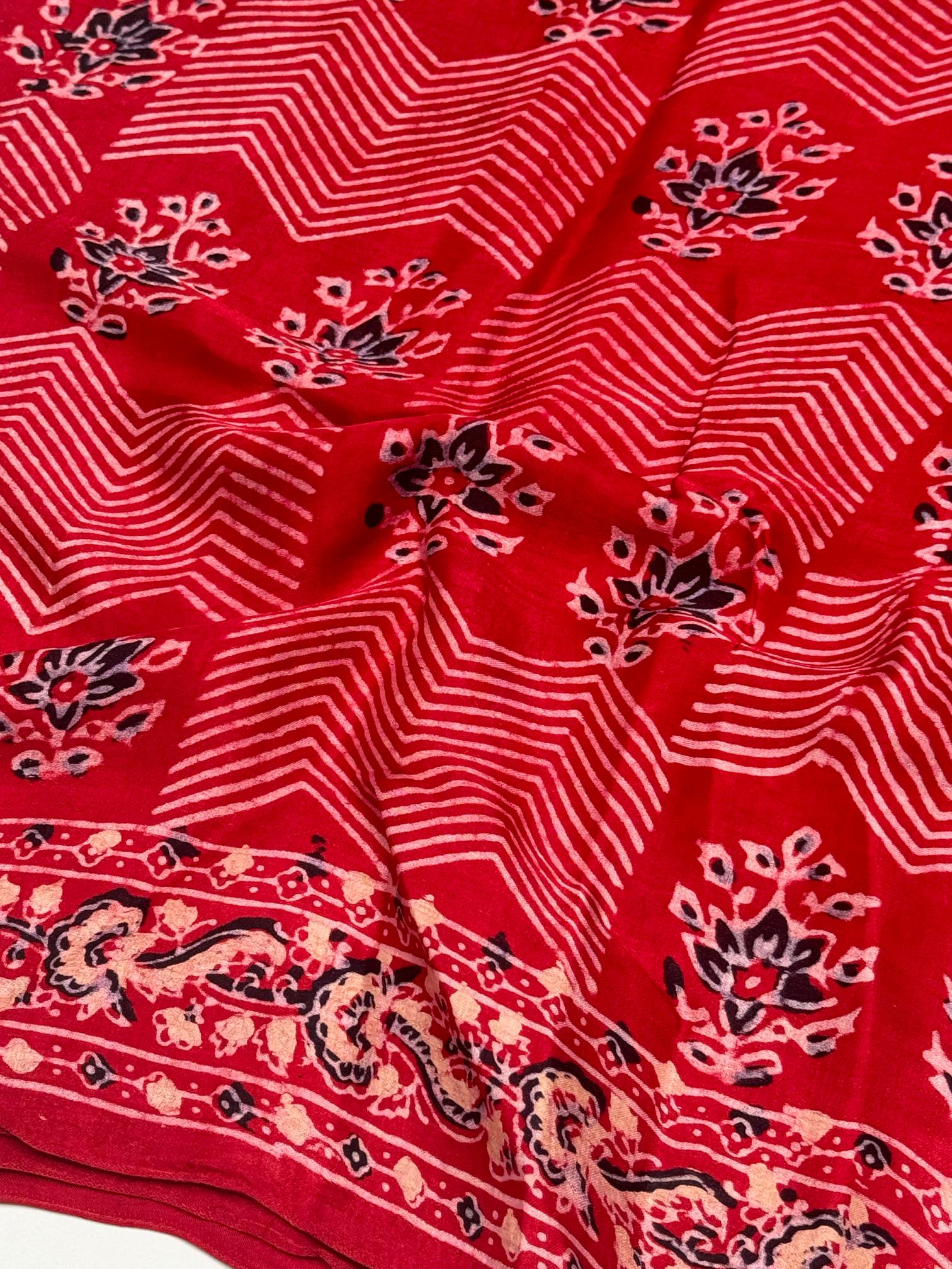 Red Ajrakh Pure Hand Made Modal Silk Saree Fancy Ajrakh Pallu 07