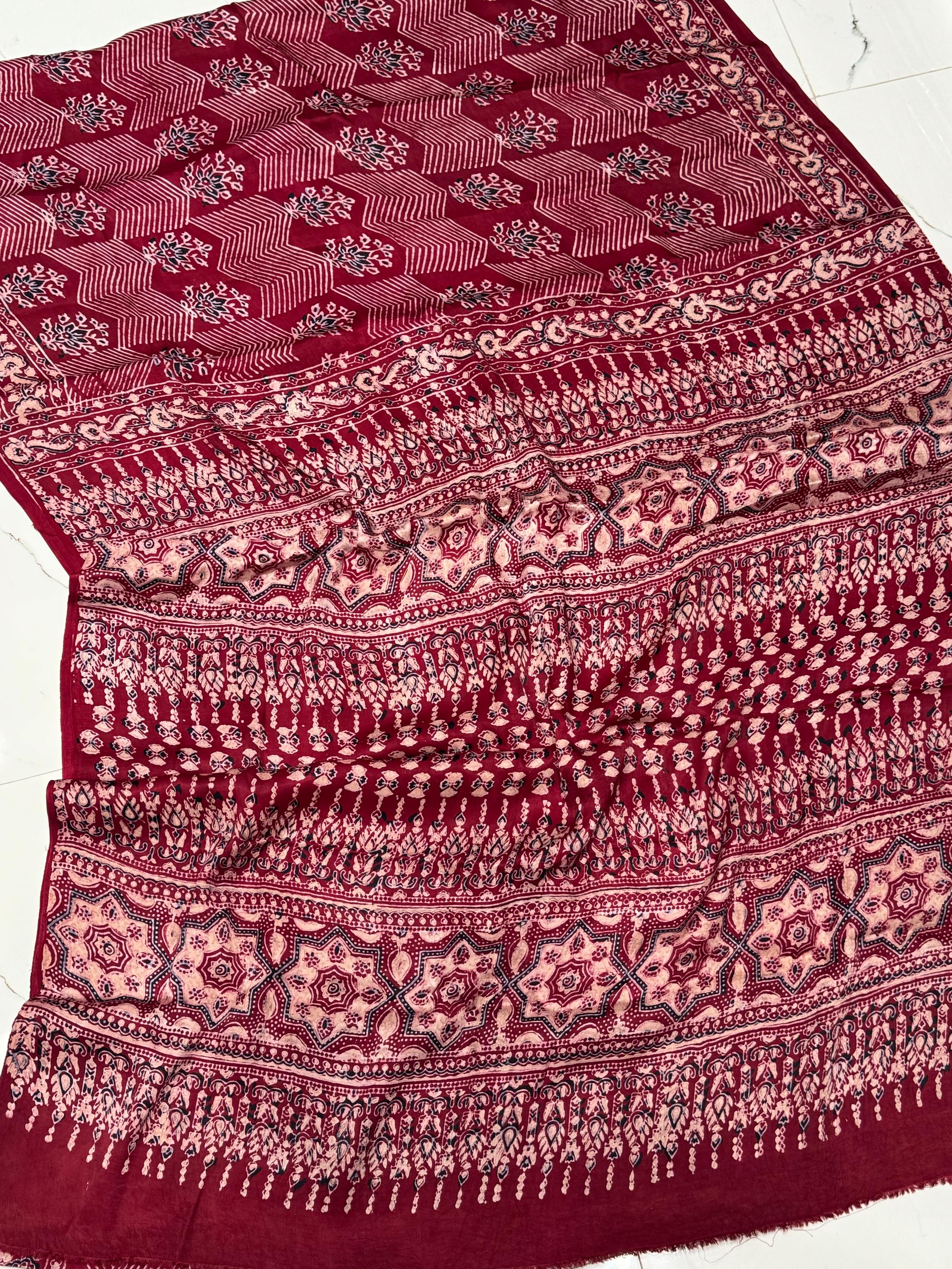 Classic Maroon Ajrakh Pure Hand Made Modal Silk Saree Fancy Ajrakh Pallu 07