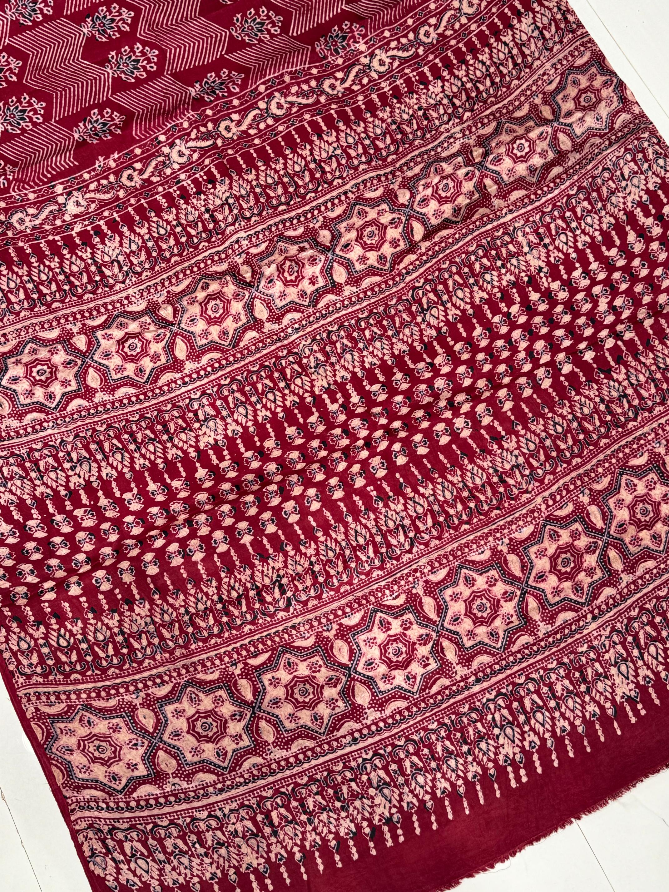 Classic Maroon Ajrakh Pure Hand Made Modal Silk Saree Fancy Ajrakh Pallu 07