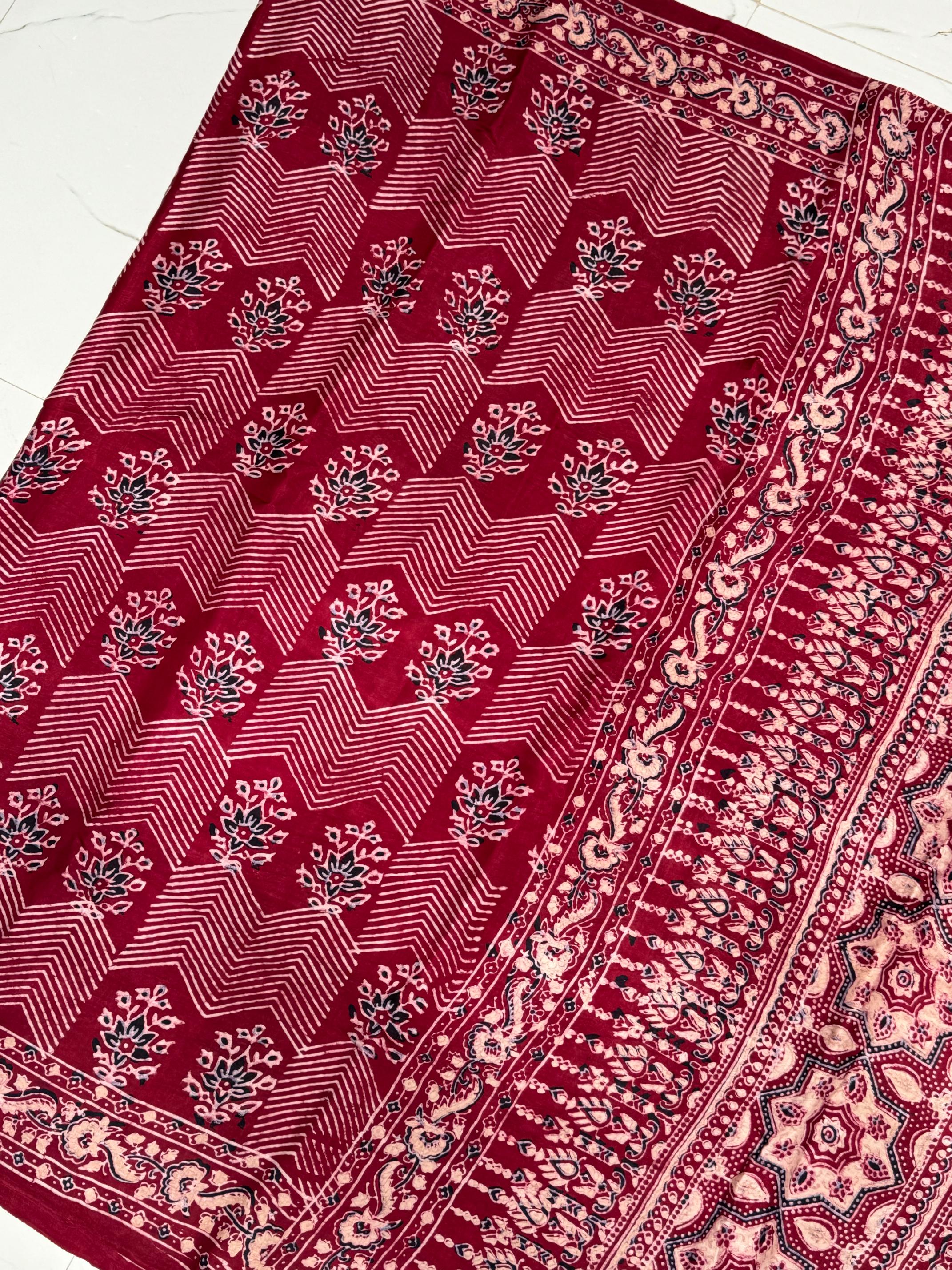 Classic Maroon Ajrakh Pure Hand Made Modal Silk Saree Fancy Ajrakh Pallu 07