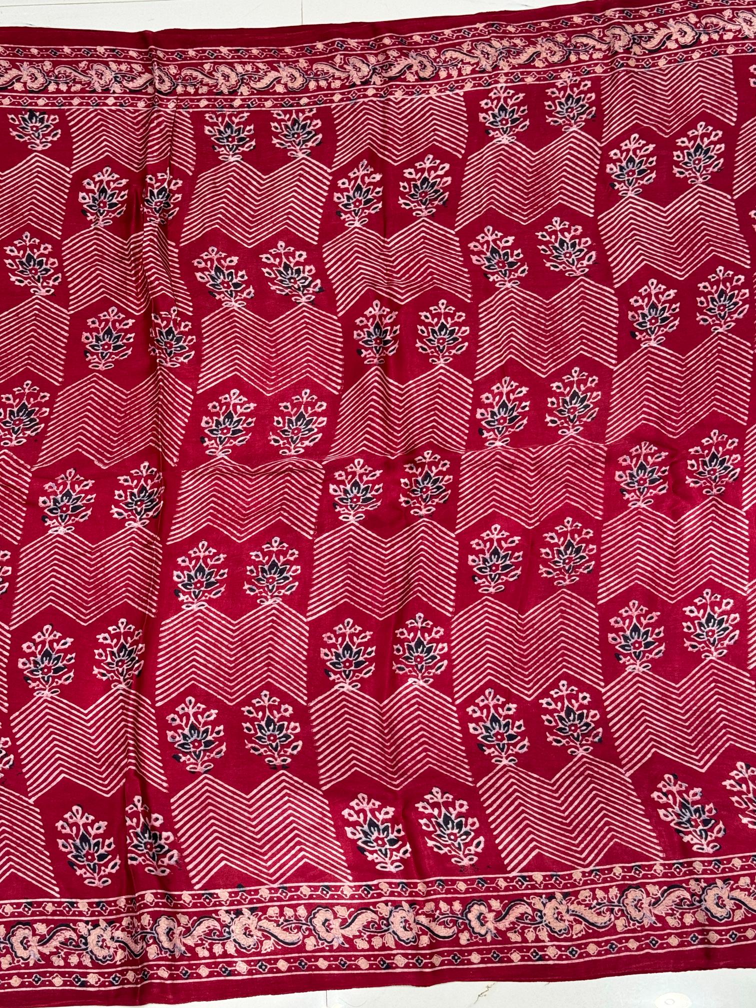 Classic Maroon Ajrakh Pure Hand Made Modal Silk Saree Fancy Ajrakh Pallu 07