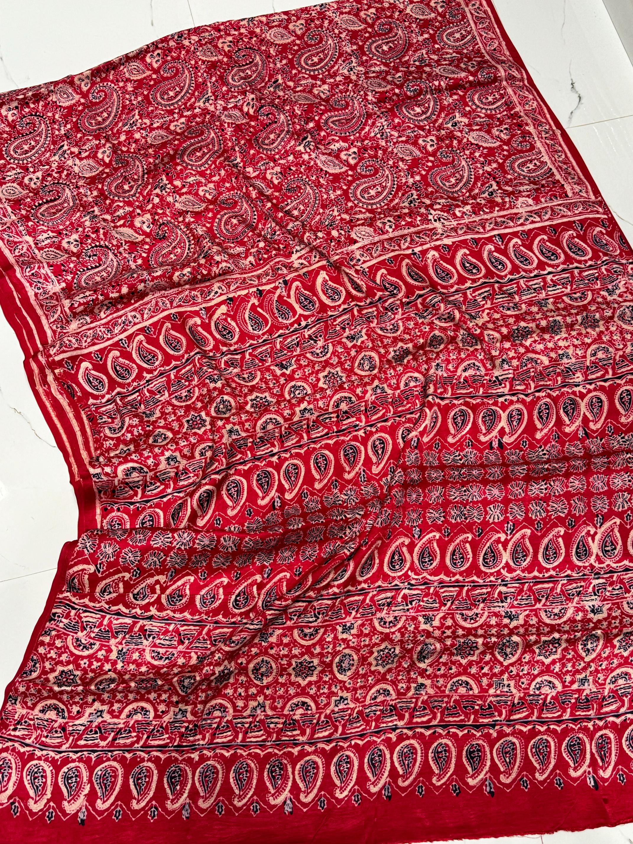 Red Ajrakh Pure Hand Made Modal Silk Saree Fancy Ajrakh Pallu 07