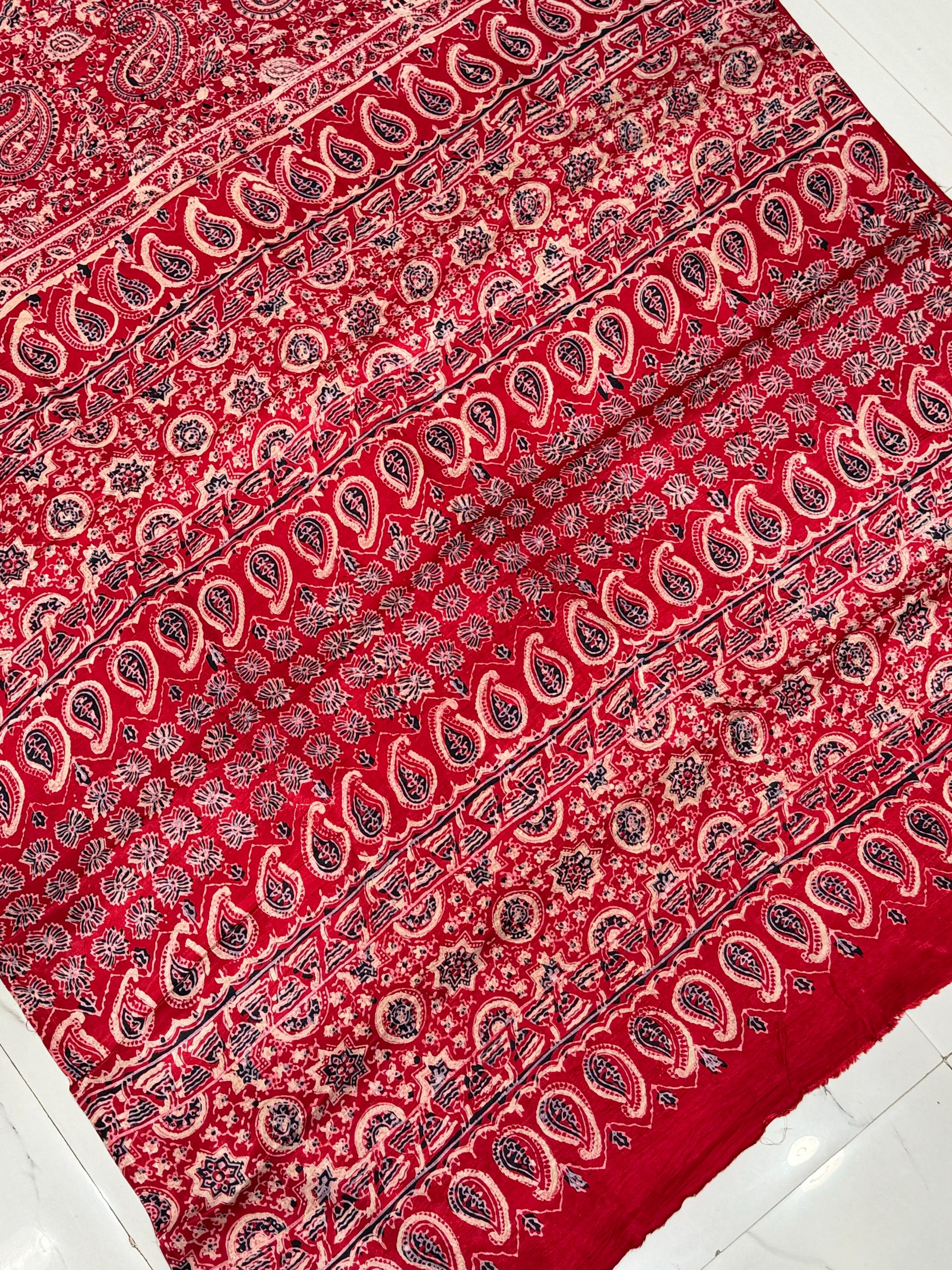 Red Ajrakh Pure Hand Made Modal Silk Saree Fancy Ajrakh Pallu 07