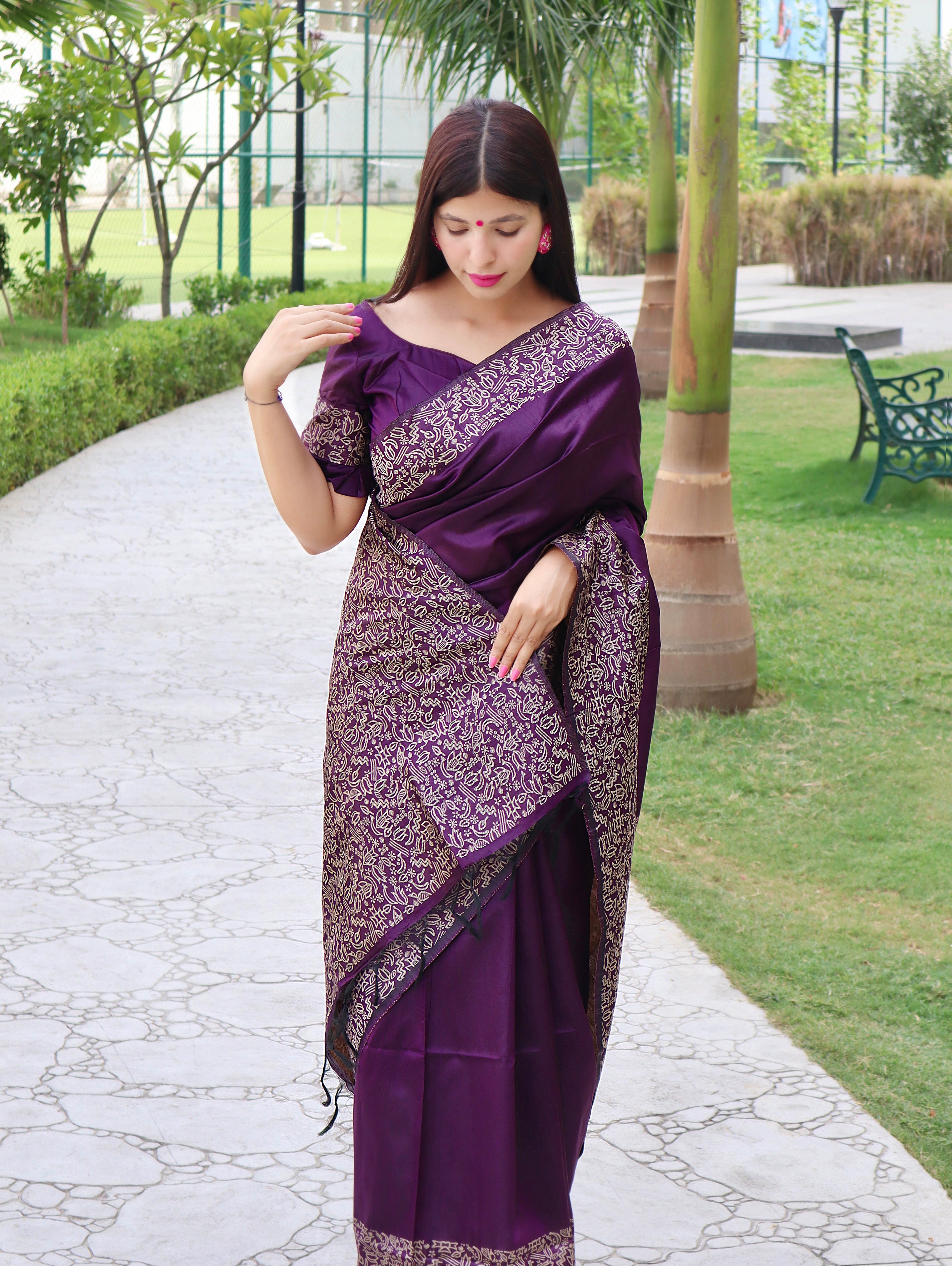 Dark Wine Banglori Handloom Raw Silk Saree With Rich Pallu And Running Blouse Piece