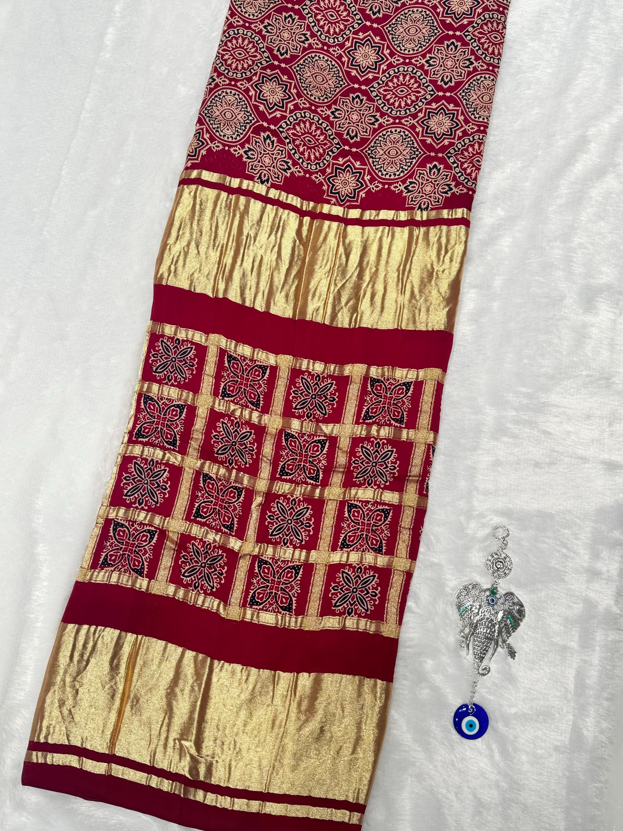 Maroon Ajrakh Chex Gharchola Pallu Hand Block Modal Silk Saree