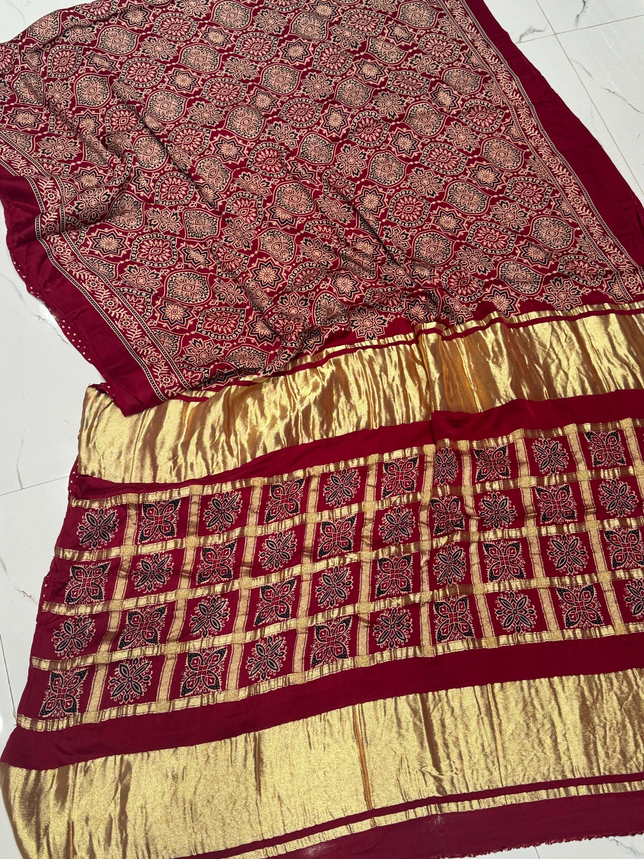 Maroon Ajrakh Chex Gharchola Pallu Hand Block Modal Silk Saree