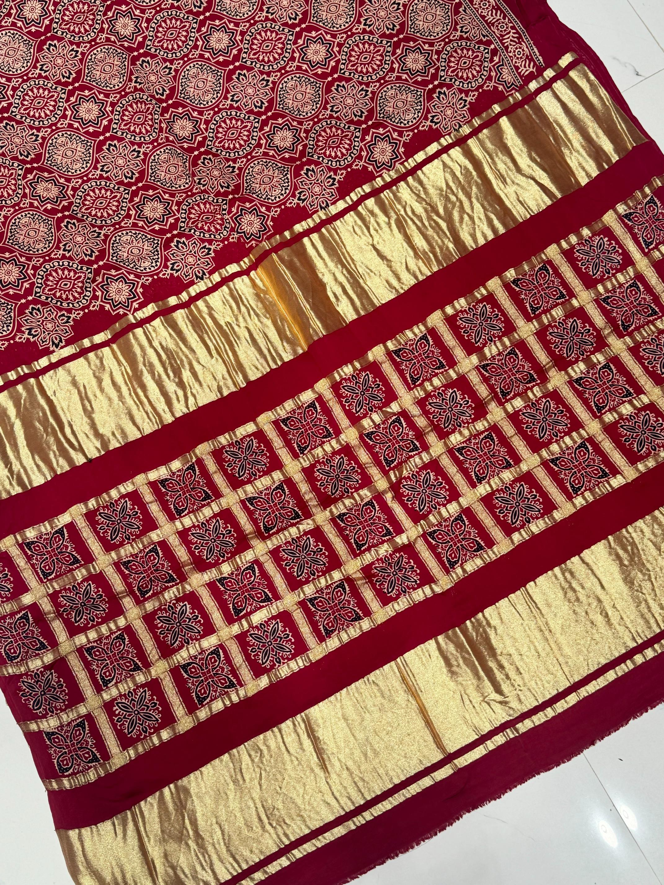 Maroon Ajrakh Chex Gharchola Pallu Hand Block Modal Silk Saree