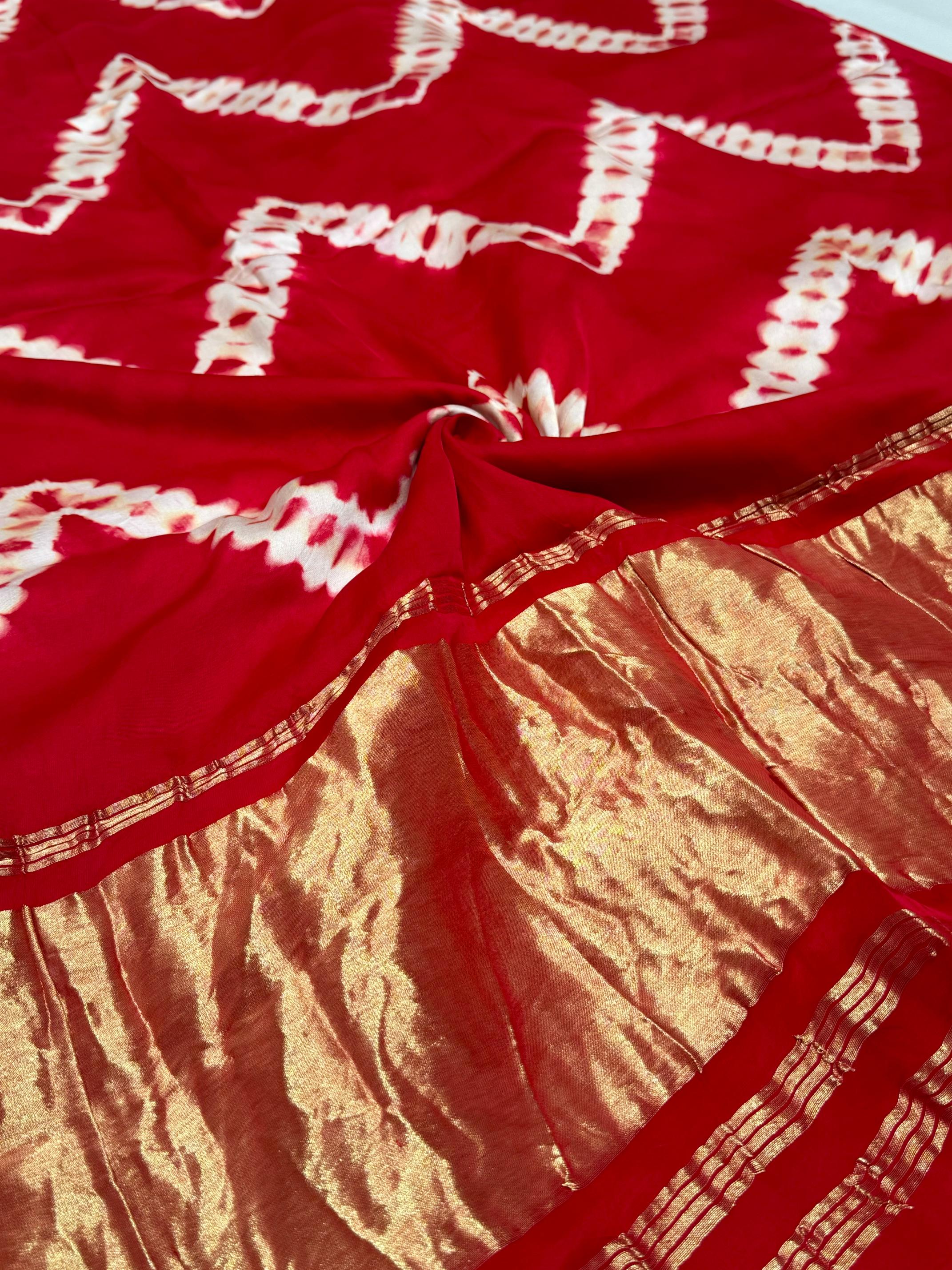 Red Leriya Modal Silk Zari Pallu Saree and Tie Dye Ajrakh