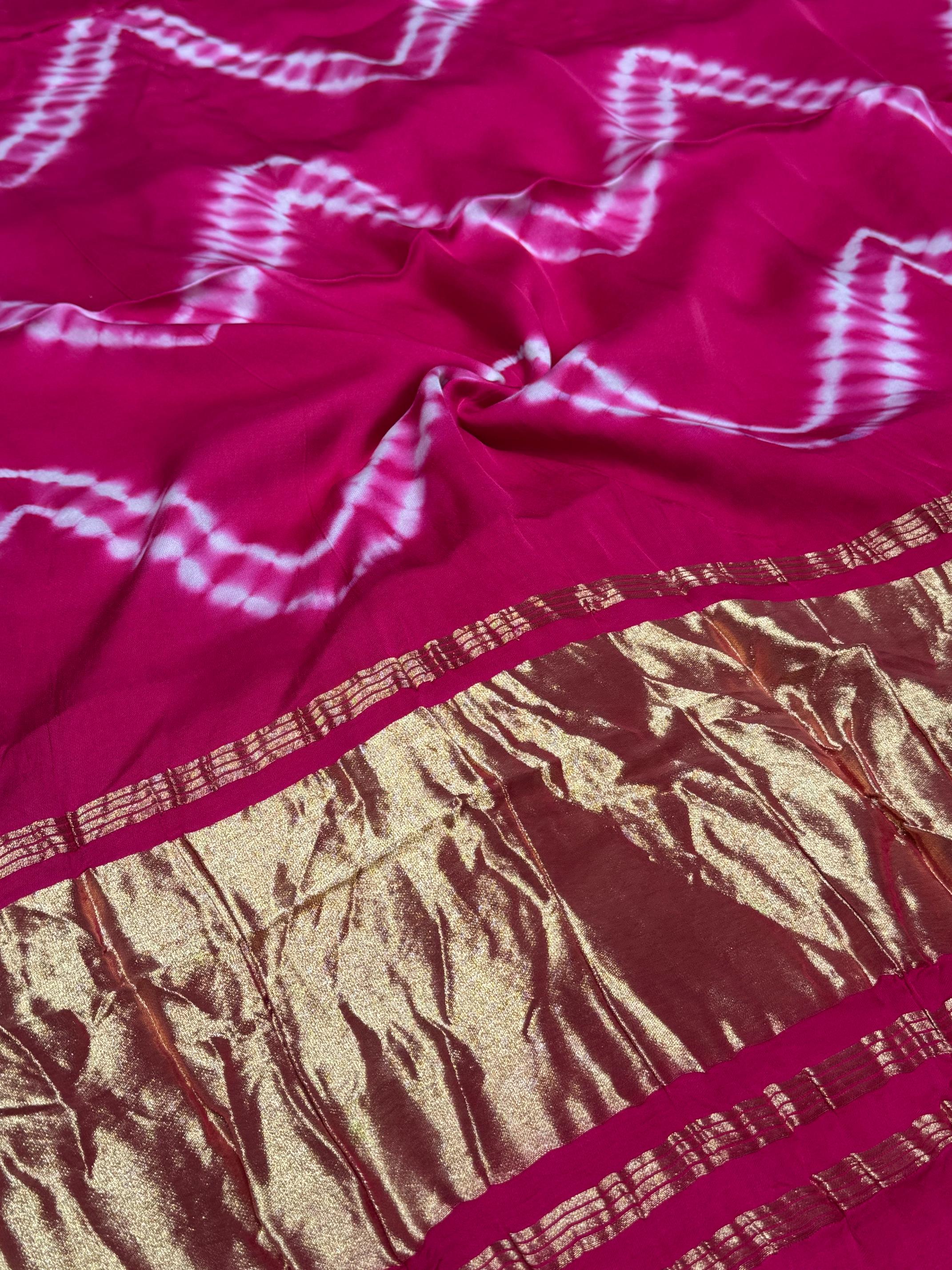 Rani Pink Leriya Modal Silk Zari Pallu Saree And Tie Dye Ajrakh