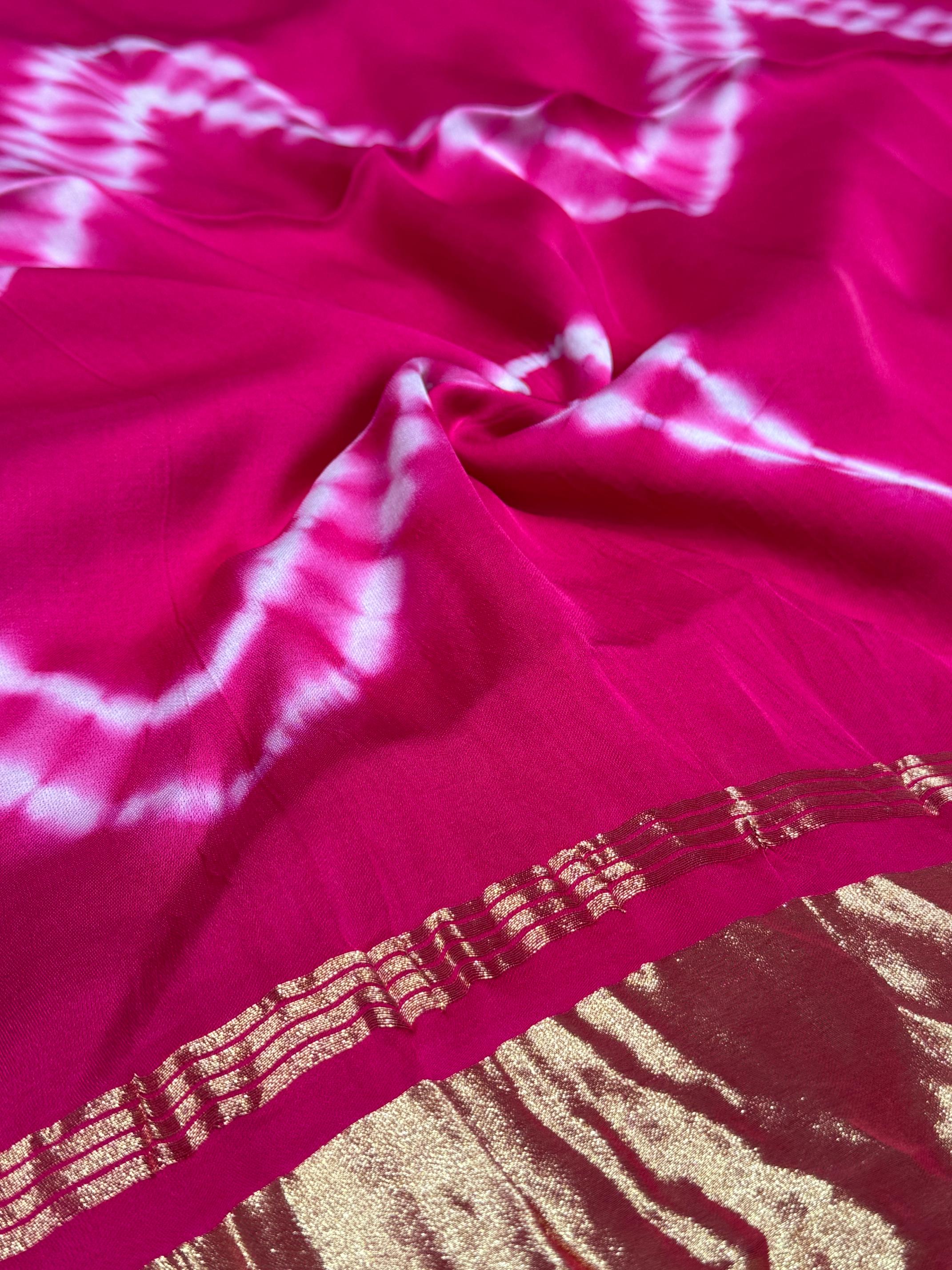 Rani Pink Leriya Modal Silk Zari Pallu Saree And Tie Dye Ajrakh