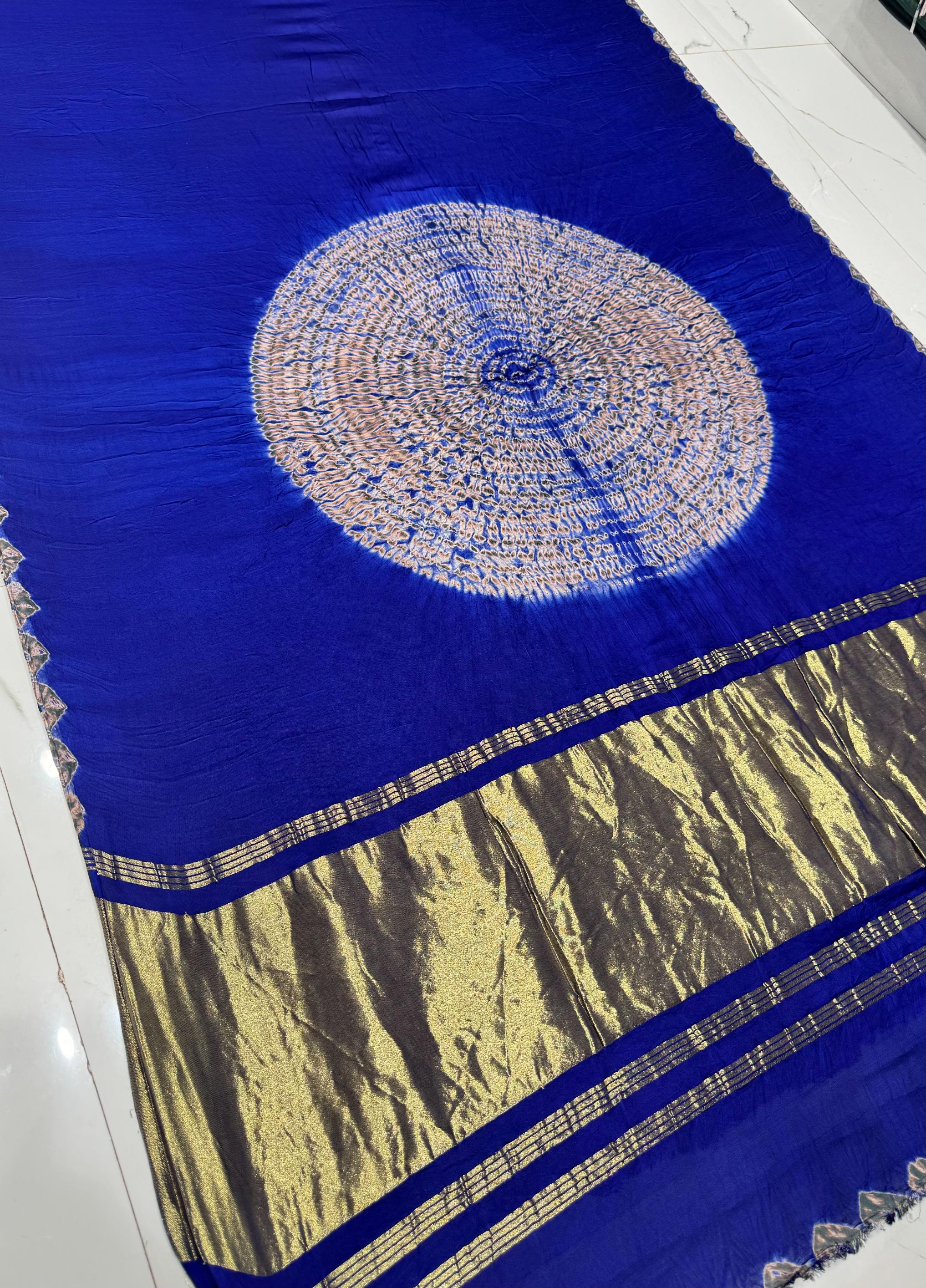 Blue Shibori Bandhni Border Pure Modal Silk Plain Saree