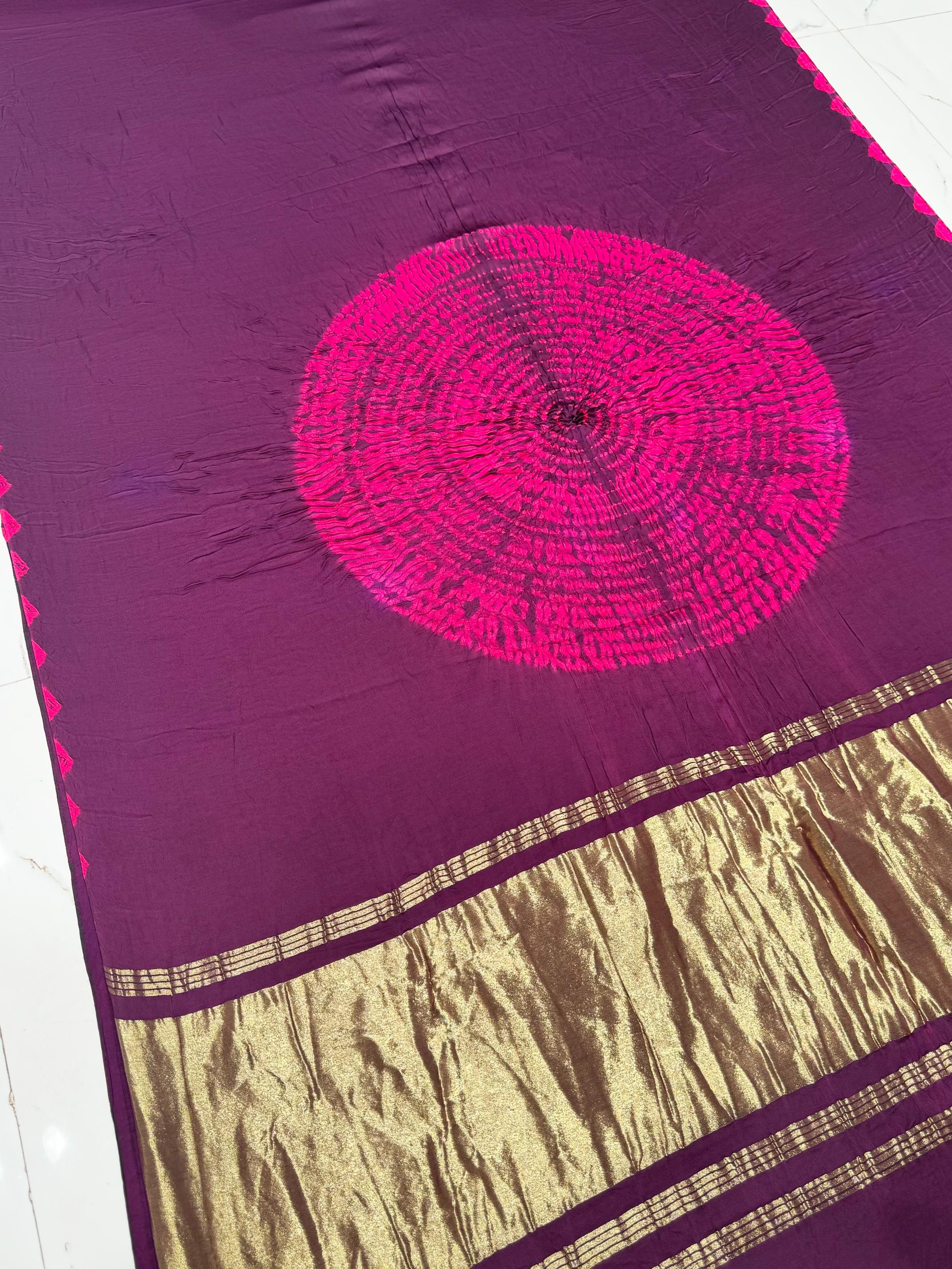 Purpule Wine Shibori Bandhni Border Pure Modal Silk Plian Saree