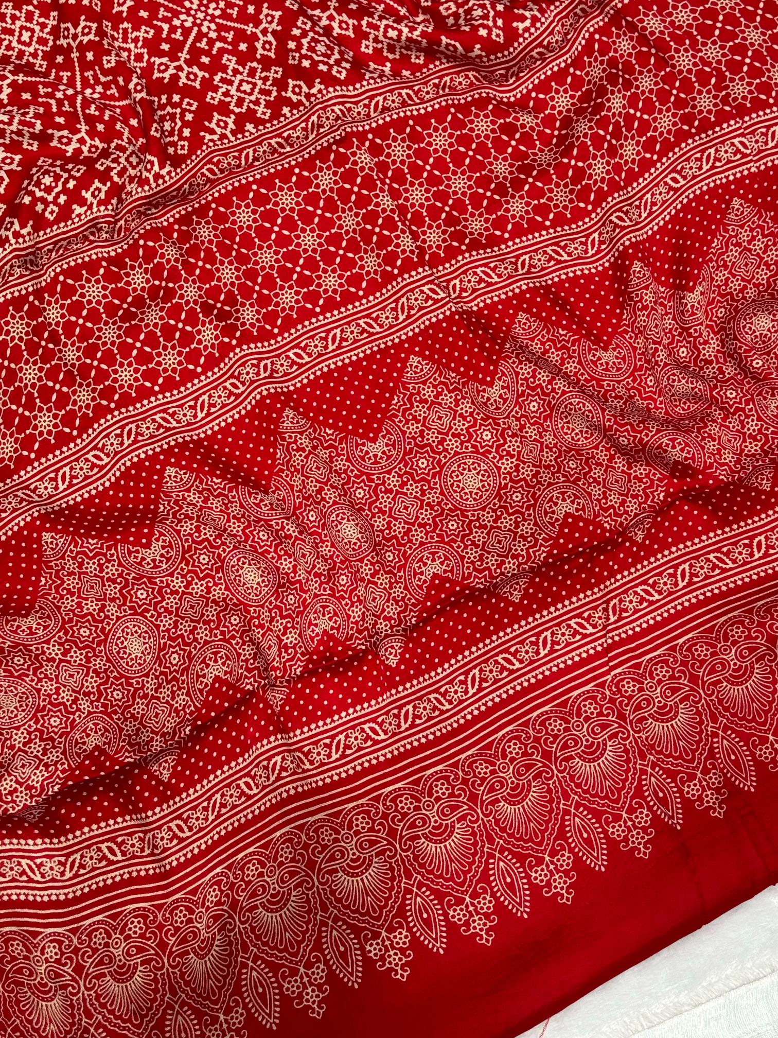 Red Patola Ajrakh Pure Modal Silk Ajrakh Pallu Saree