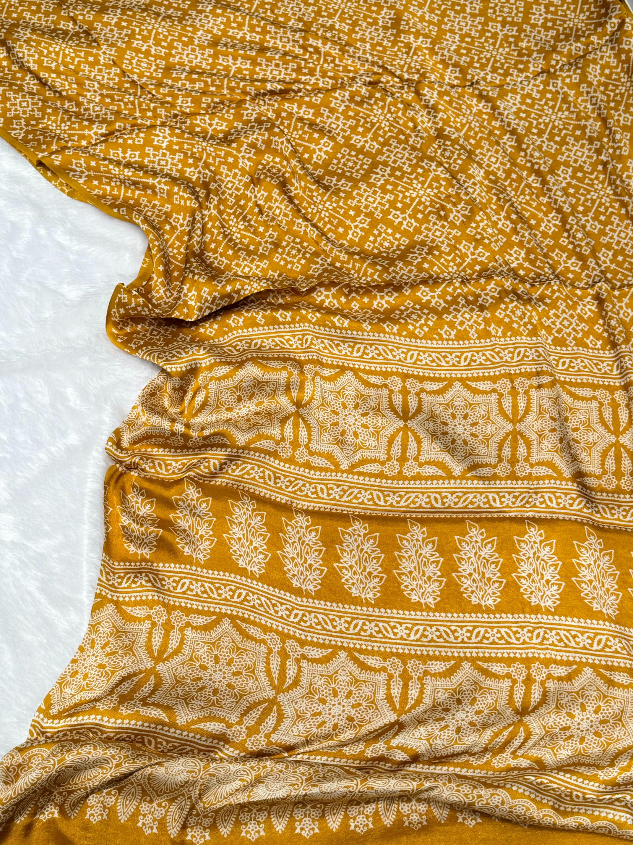 Yellow Patola Ajrakh Pure Modal Silk Ajrakh Pallu Saree