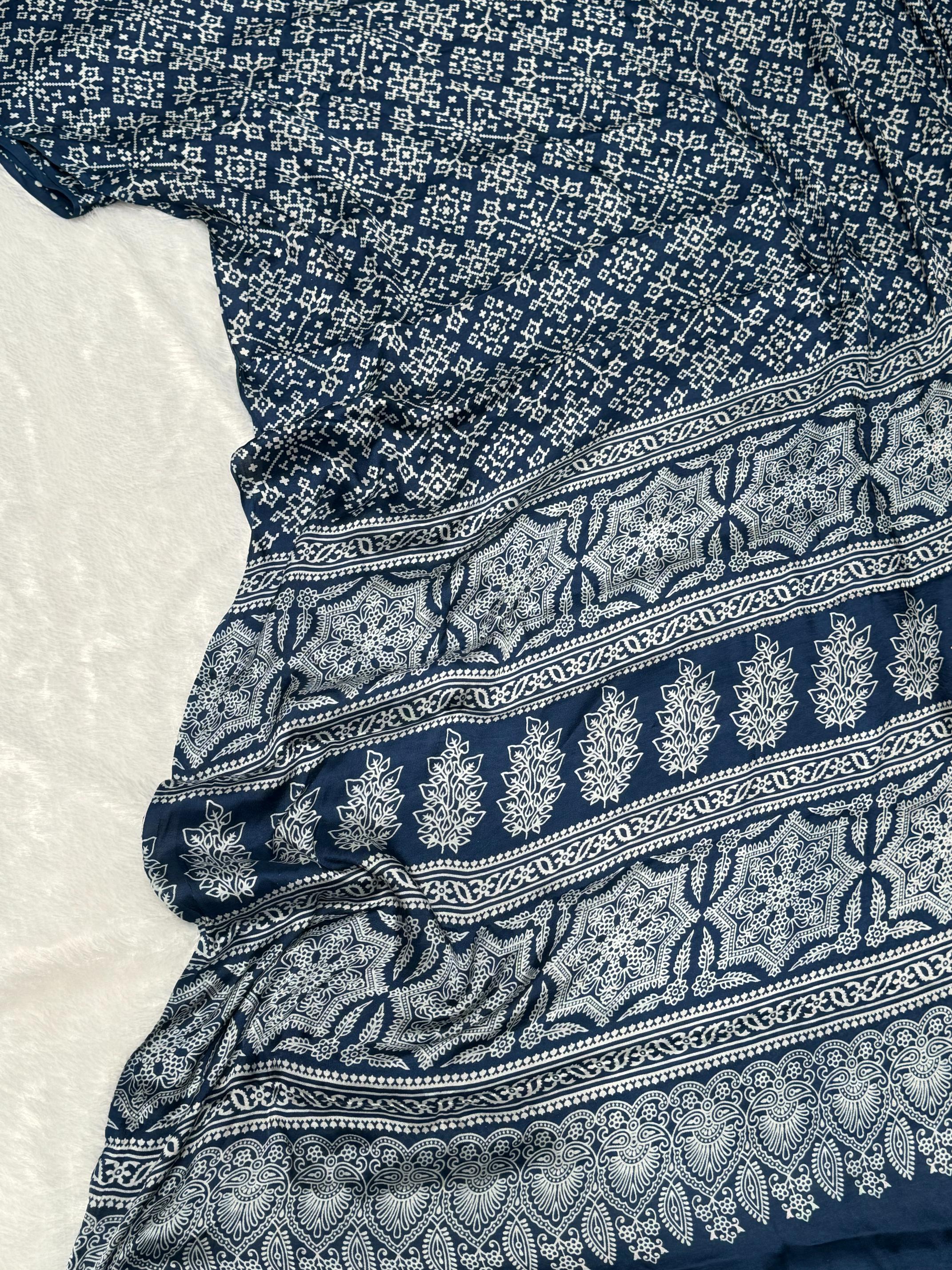 Indigo Blue Patola Ajrakh Pure Modal Silk Ajrakh Pallu Saree