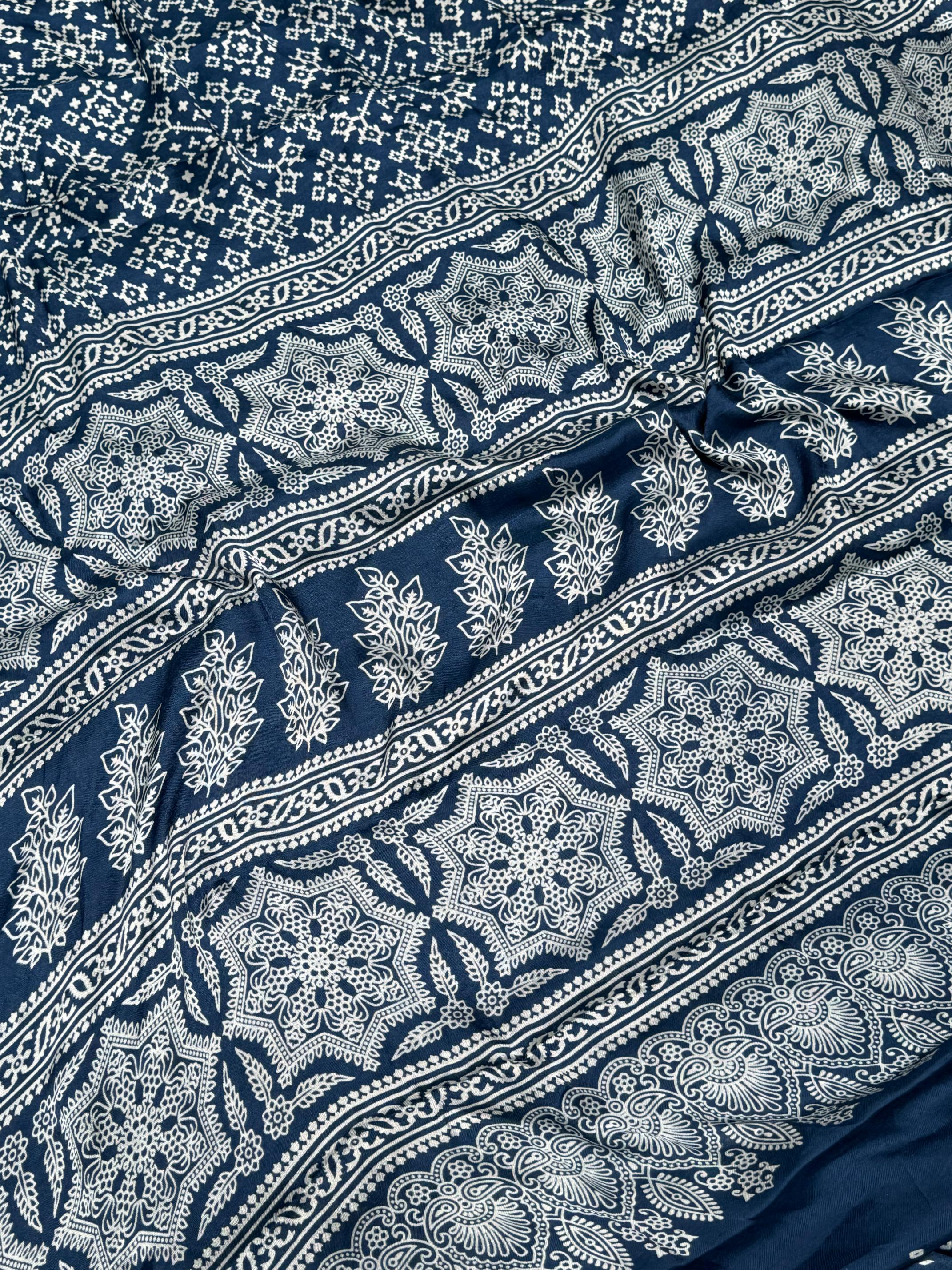 Indigo Blue Patola Ajrakh Pure Modal Silk Ajrakh Pallu Saree