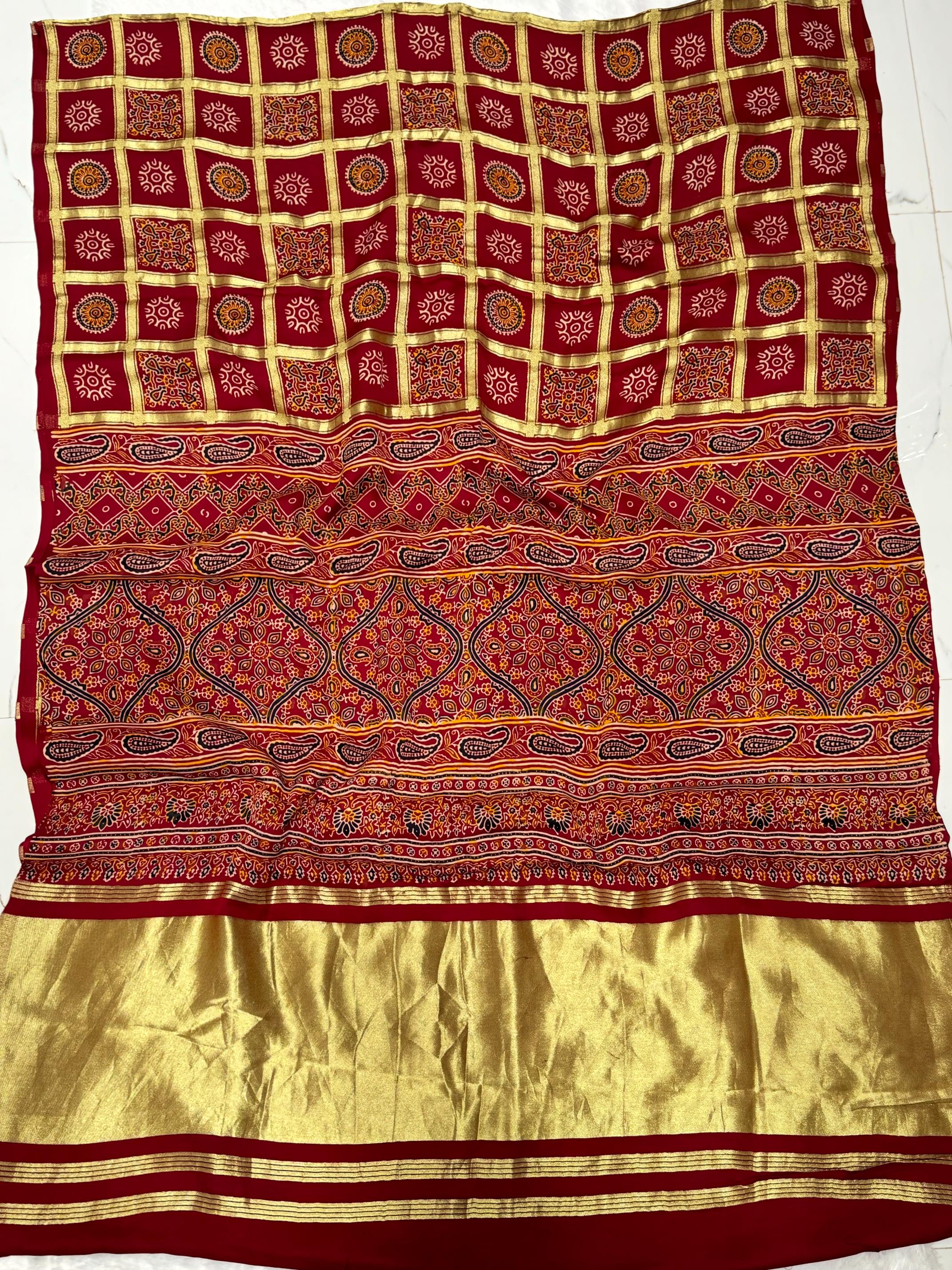 Maroon Ajrakh Gharchola Hand Block Pure Modal Silk Saree With Fancy Ajrakh Zari Pallu