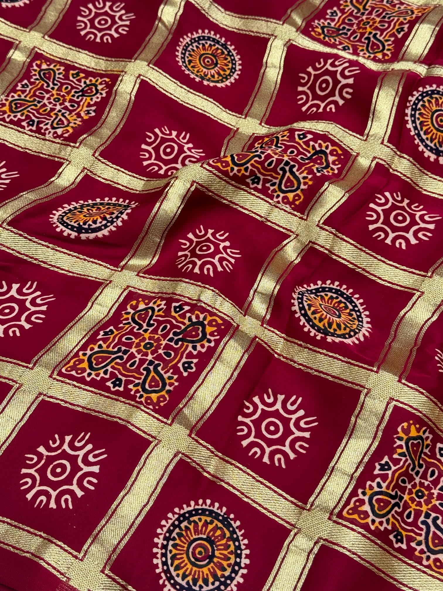 Maroon Ajrakh Gharchola Hand Block Pure Modal Silk Saree With Fancy Ajrakh Zari Pallu