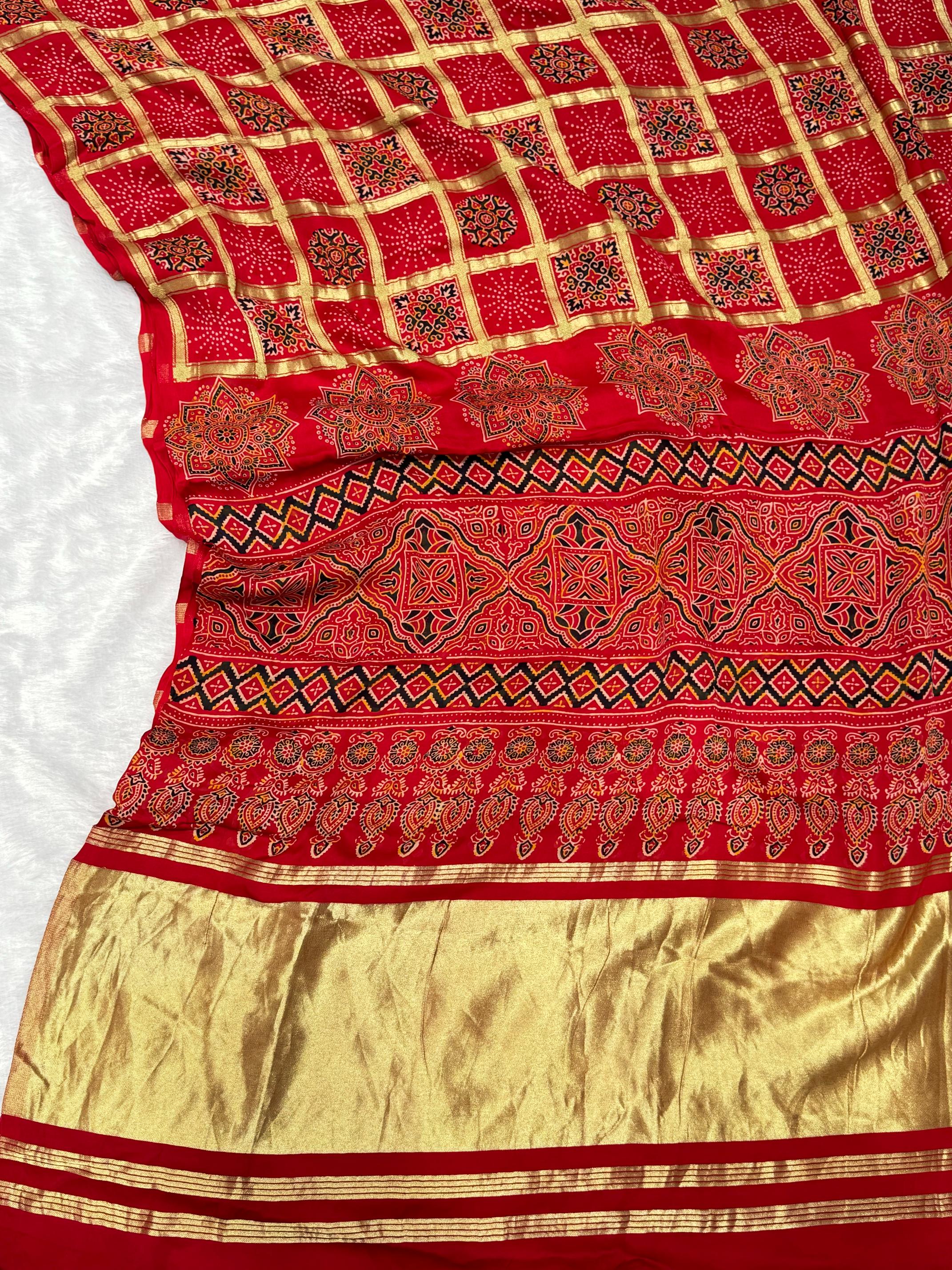 Red Ajrakh Gharchola Hand Block Pure Modal Silk Saree With Fancy Ajrakh Zari Pallu A1