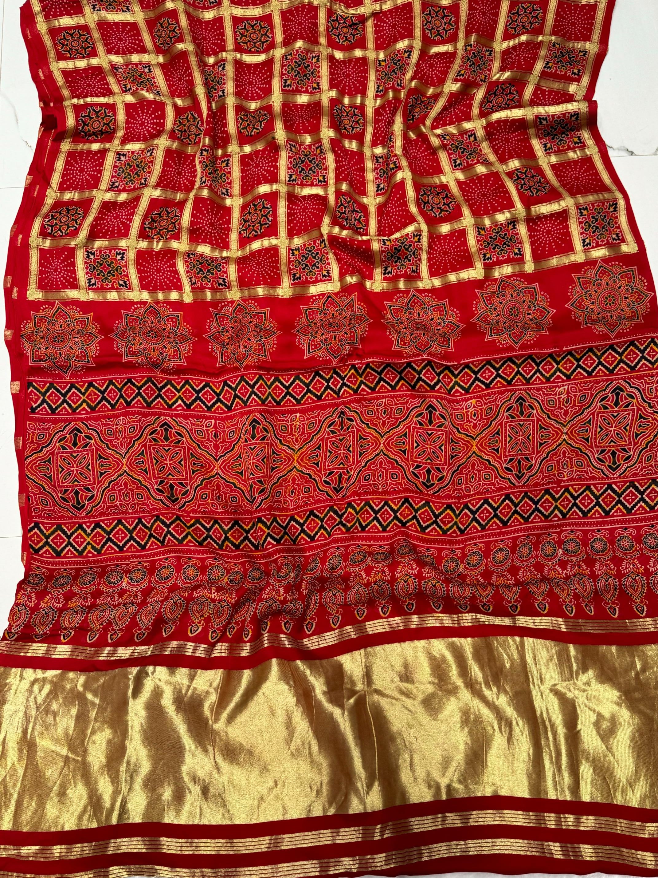 Red Ajrakh Gharchola Hand Block Pure Modal Silk Saree With Fancy Ajrakh Zari Pallu A1