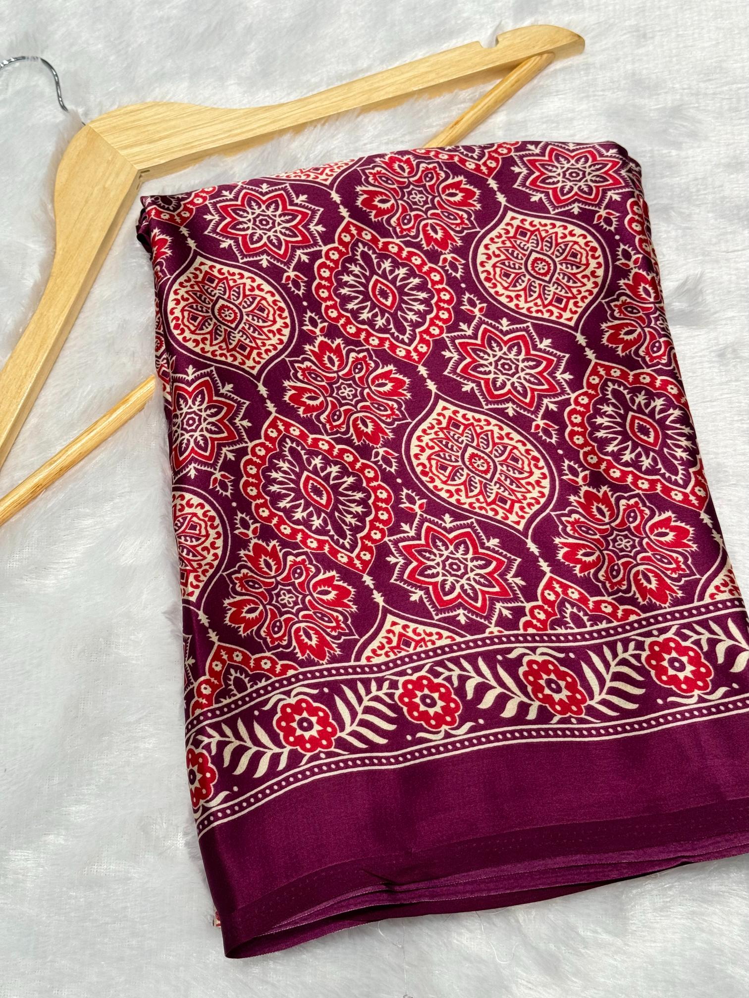 Wine Ajrakh Printed Soft Modal Silk Natural Print Saree P2