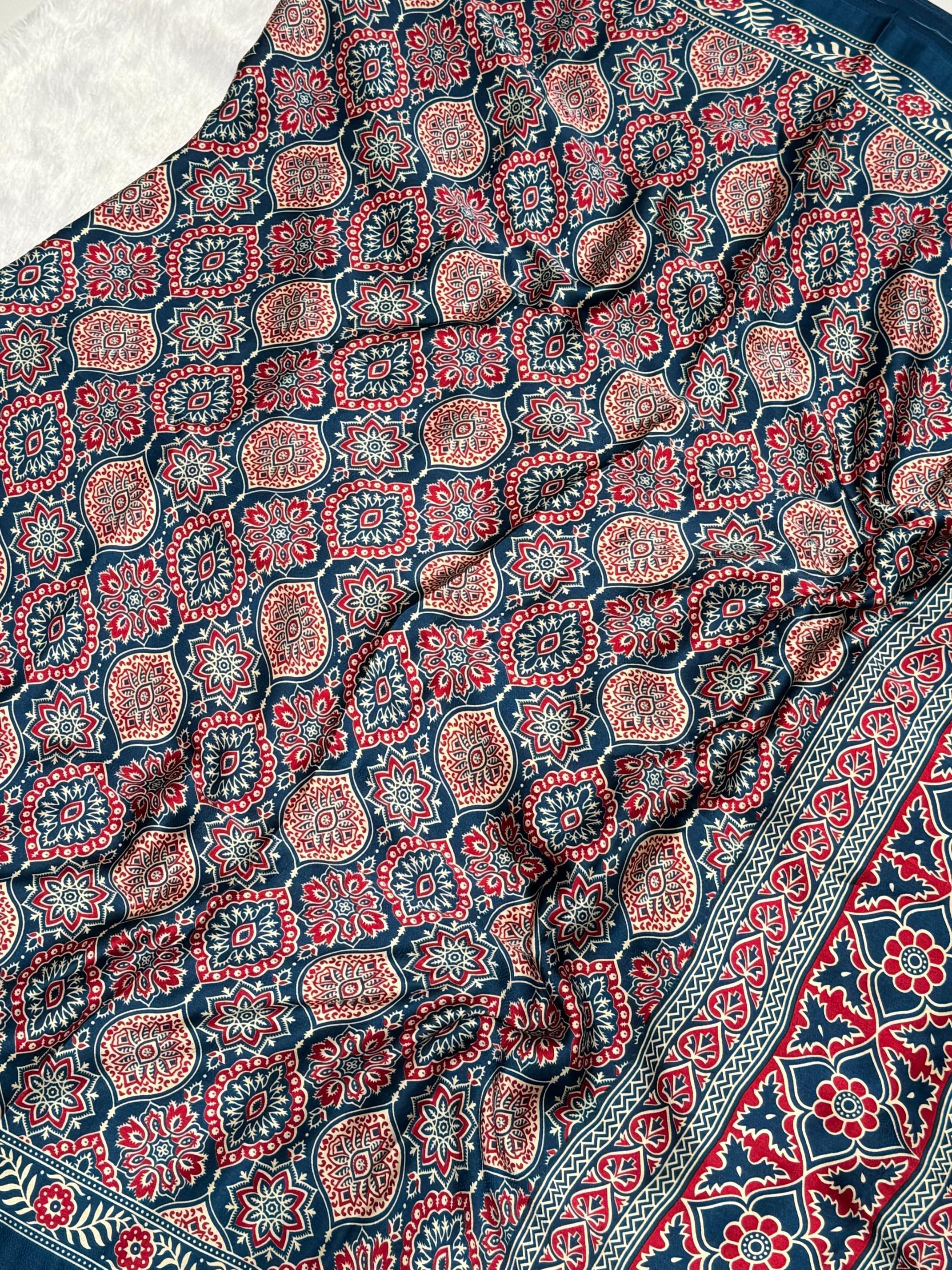 Indigo Morpich Ajrakh Printed Soft Modal Silk Natural Print Saree P2