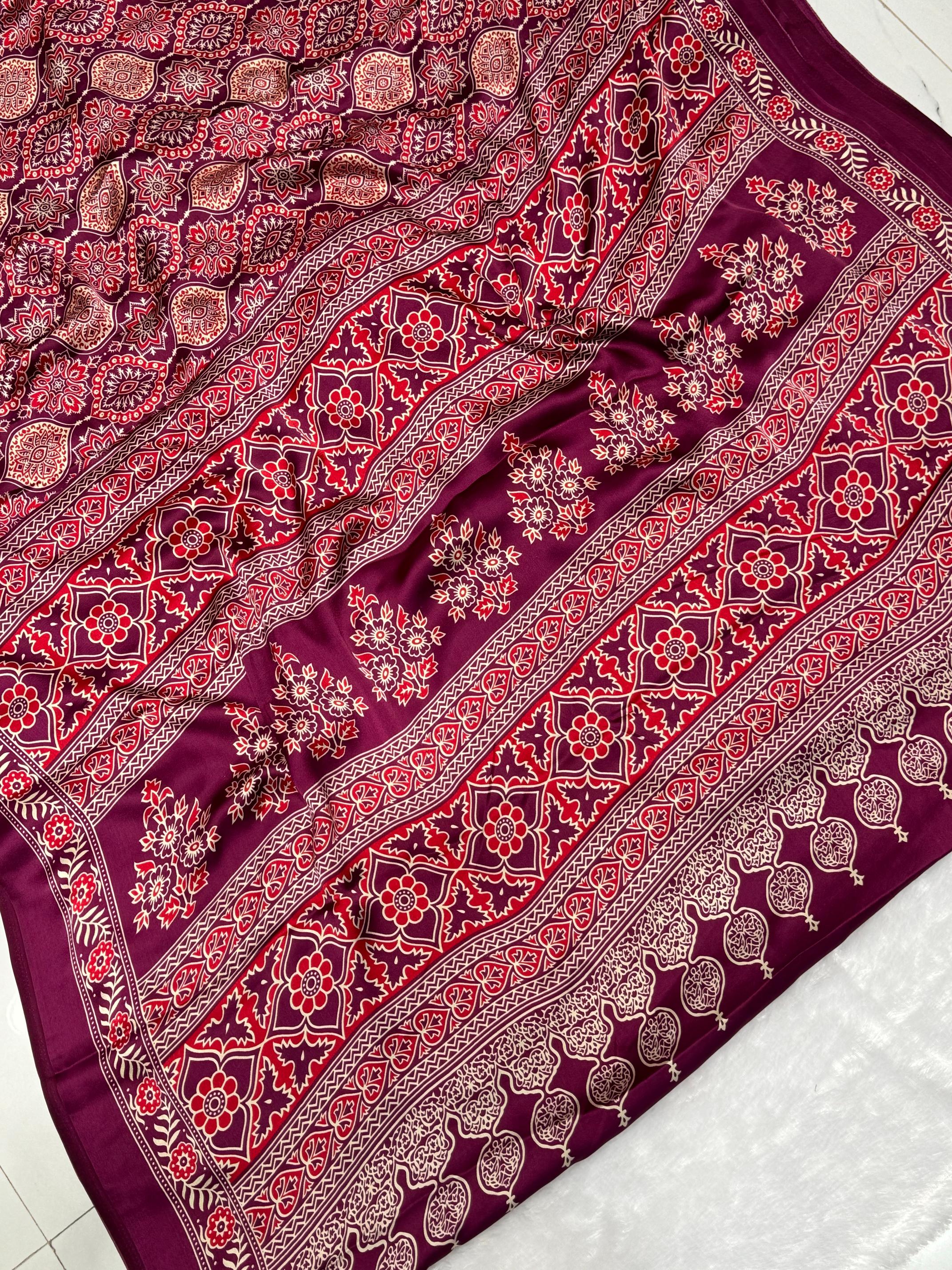 Wine Ajrakh Printed Soft Modal Silk Natural Print Saree P2