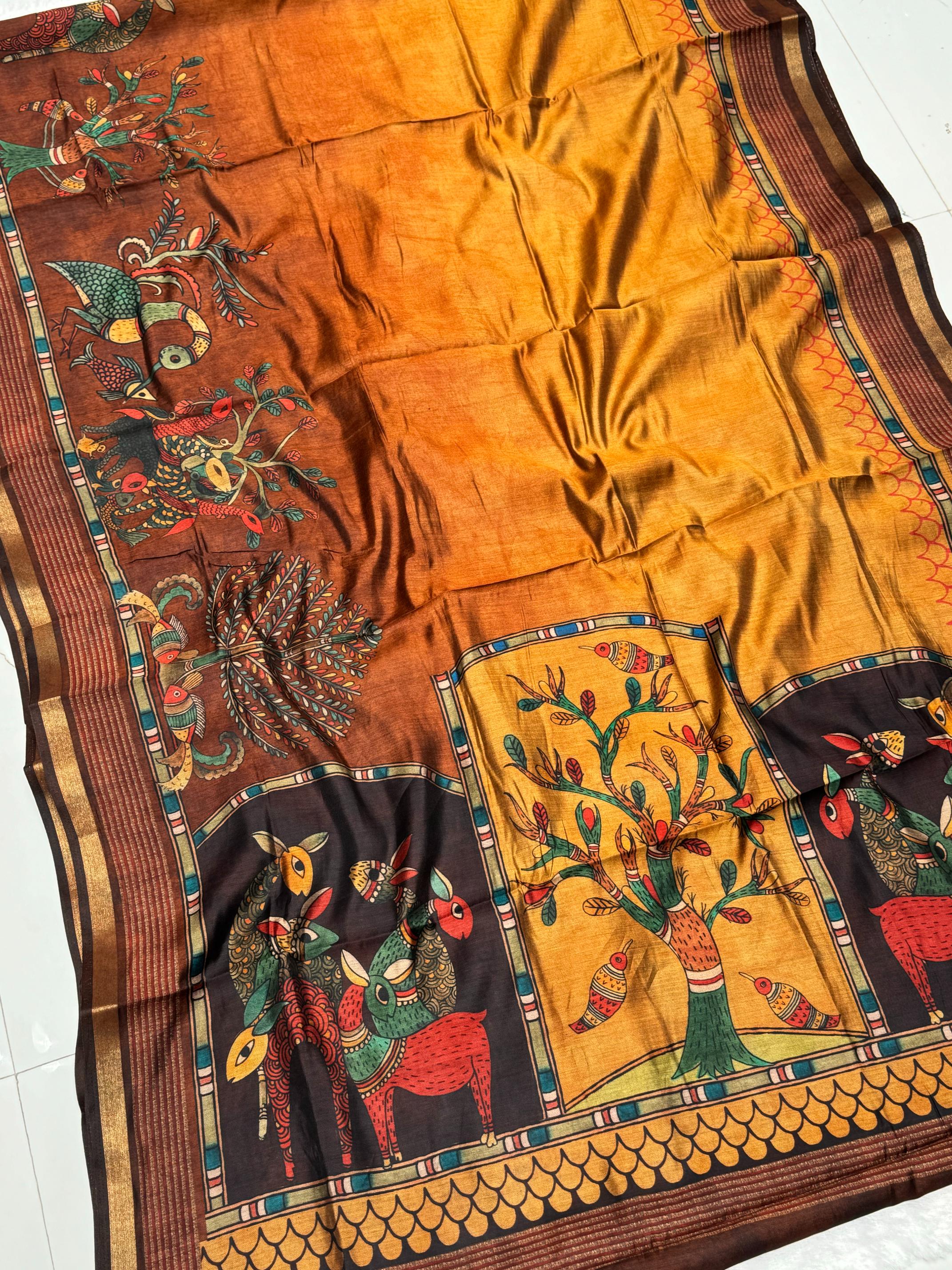 Ajrakh With Kalamkari Design Hand Block Print Maslin silk Saree K2