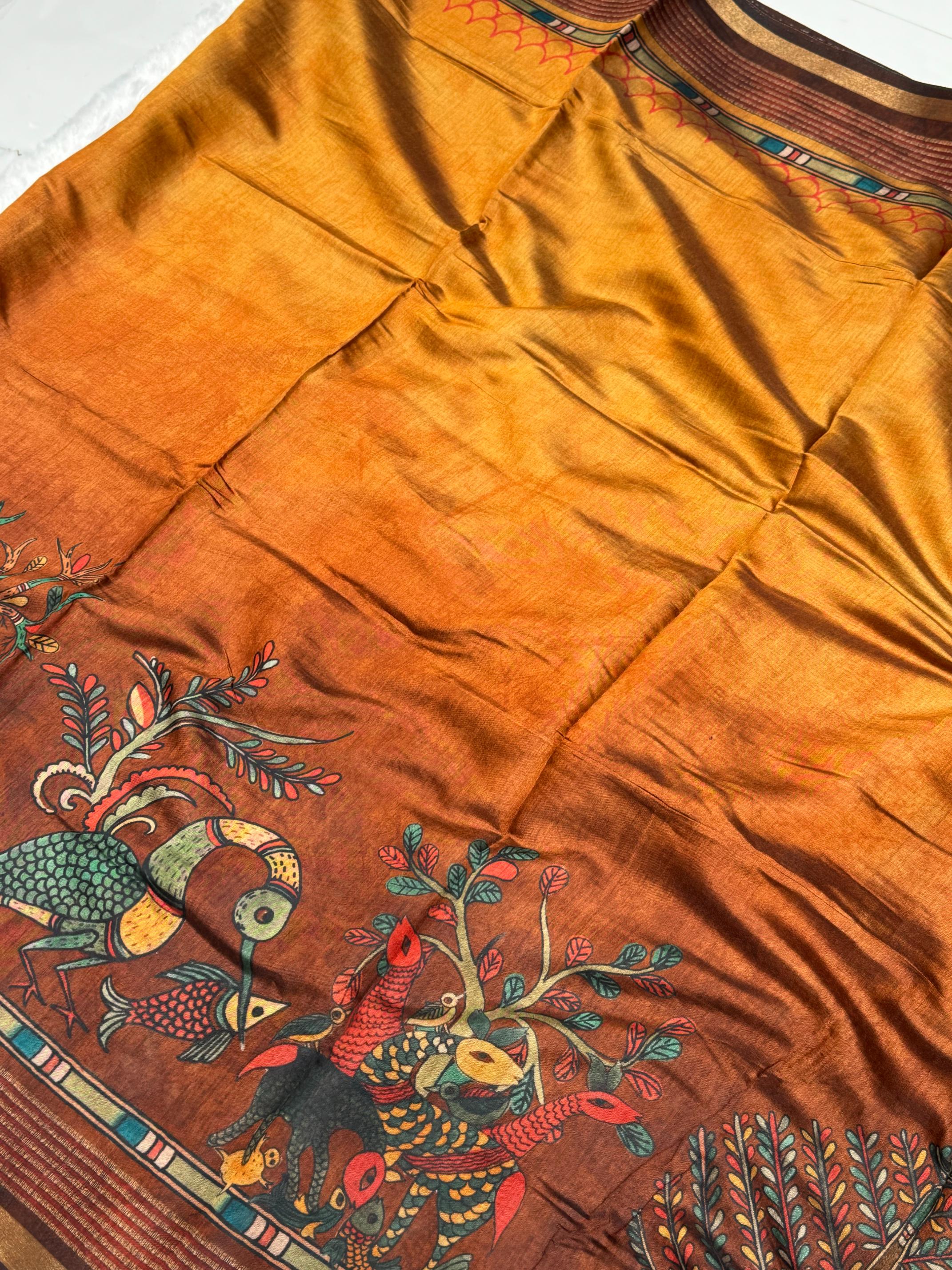 Ajrakh With Kalamkari Design Hand Block Print Maslin silk Saree K2