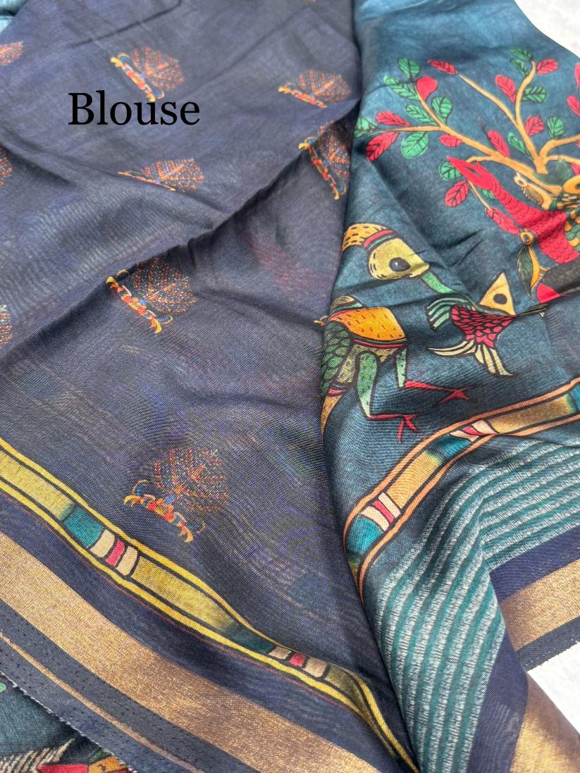 Ajrakh With Kalamkari Design Hand Block Print Maslin silk Saree K2