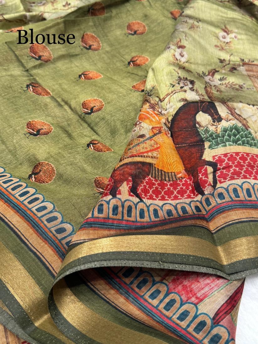 Ajrakh With Kalamkari Design Hand Block Print Maslin silk Saree K3