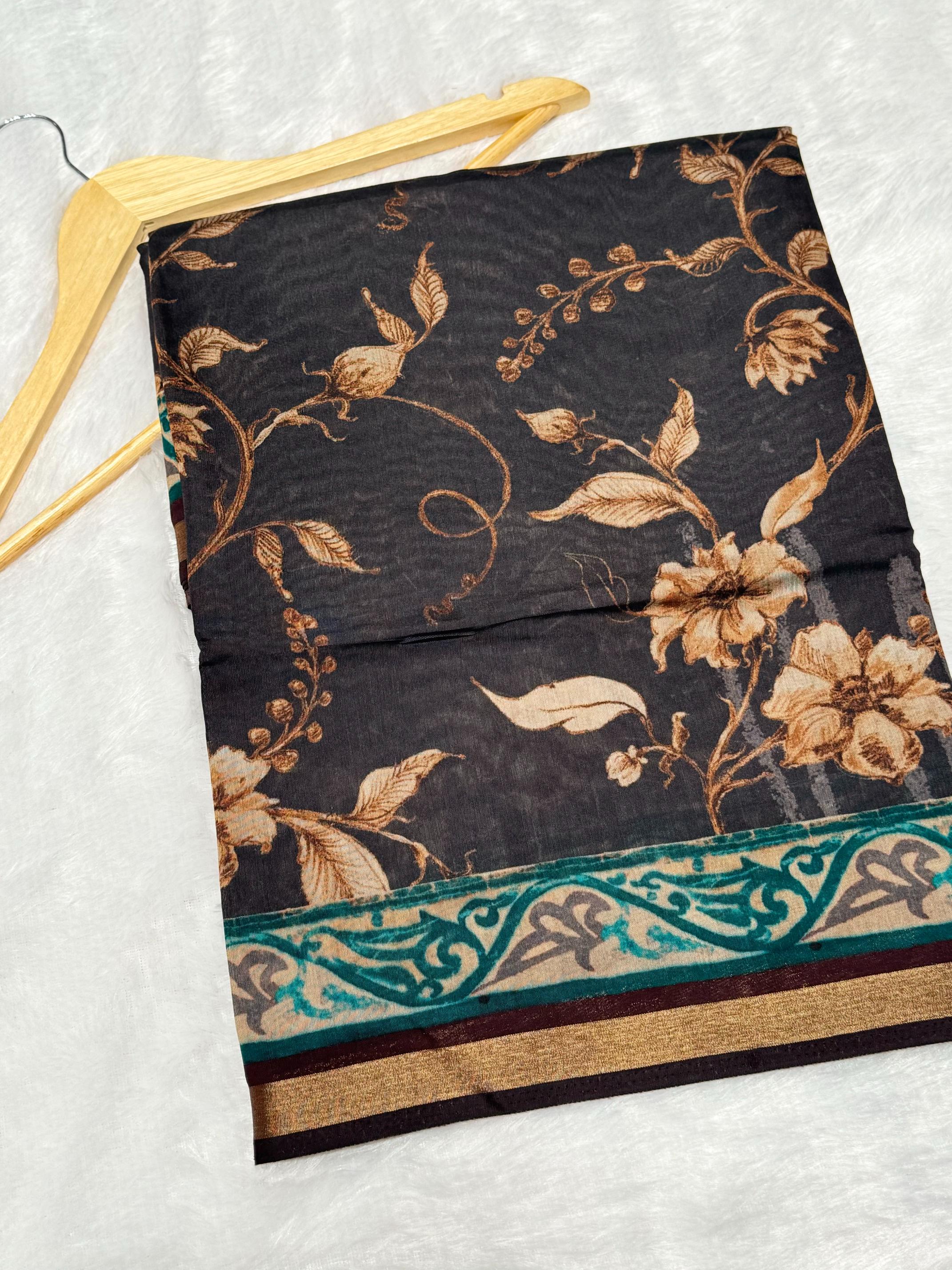 Ajrakh With Kalamkari Design Hand Block Print Maslin silk Saree K4