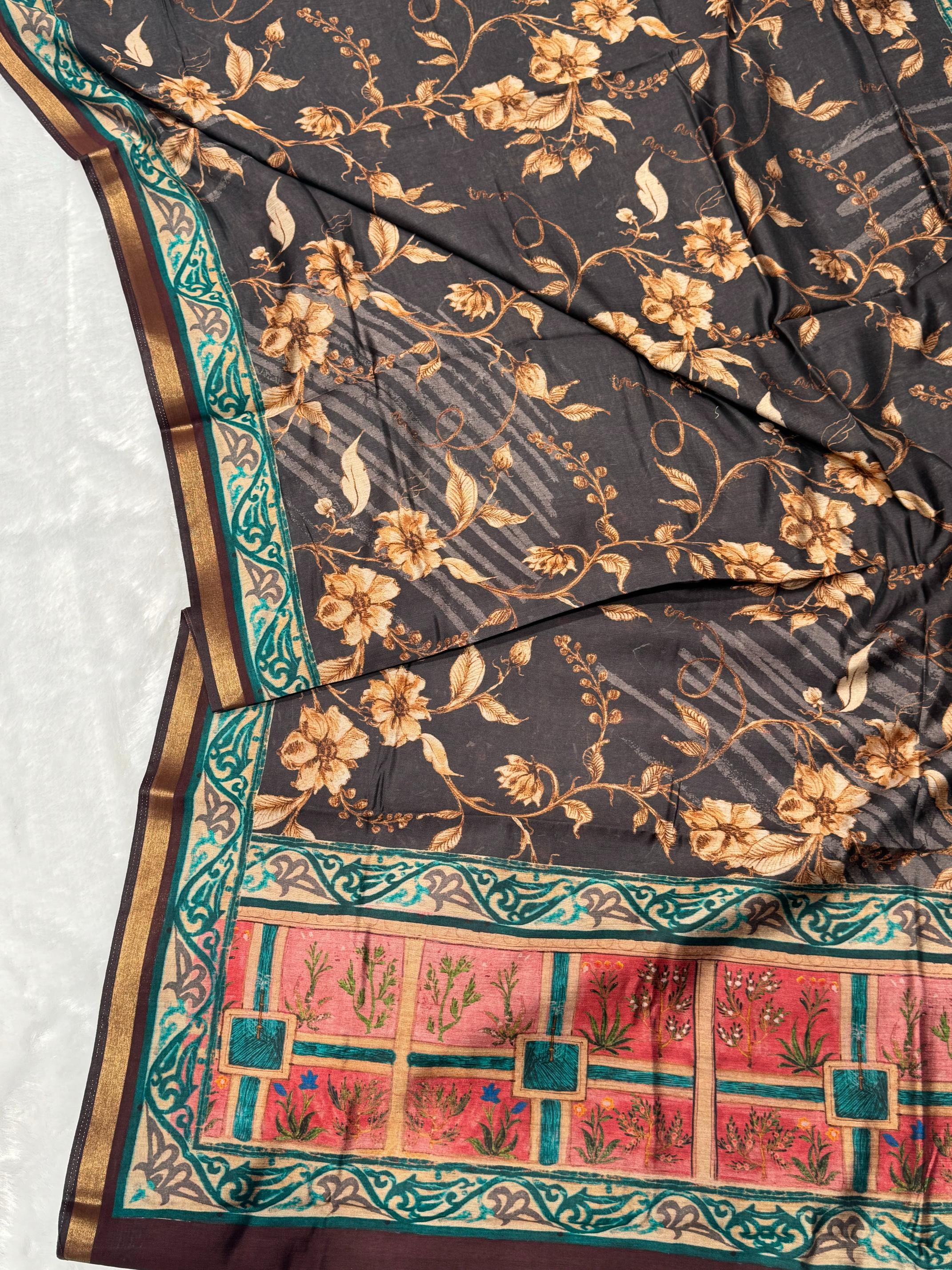 Ajrakh With Kalamkari Design Hand Block Print Maslin silk Saree K4