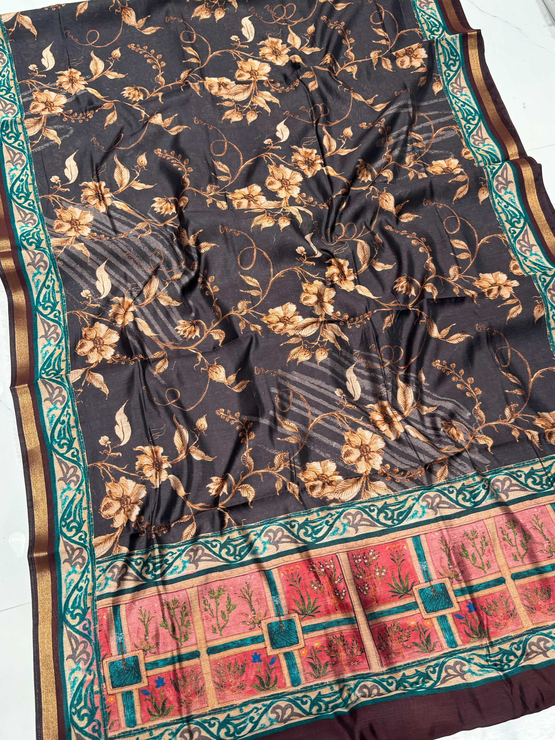 Ajrakh With Kalamkari Design Hand Block Print Maslin silk Saree K4