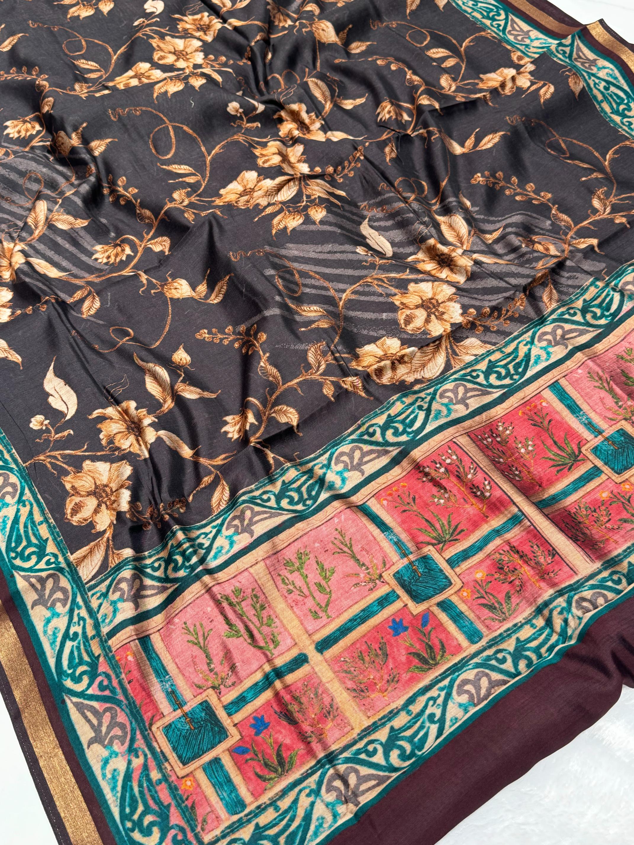 Ajrakh With Kalamkari Design Hand Block Print Maslin silk Saree K4