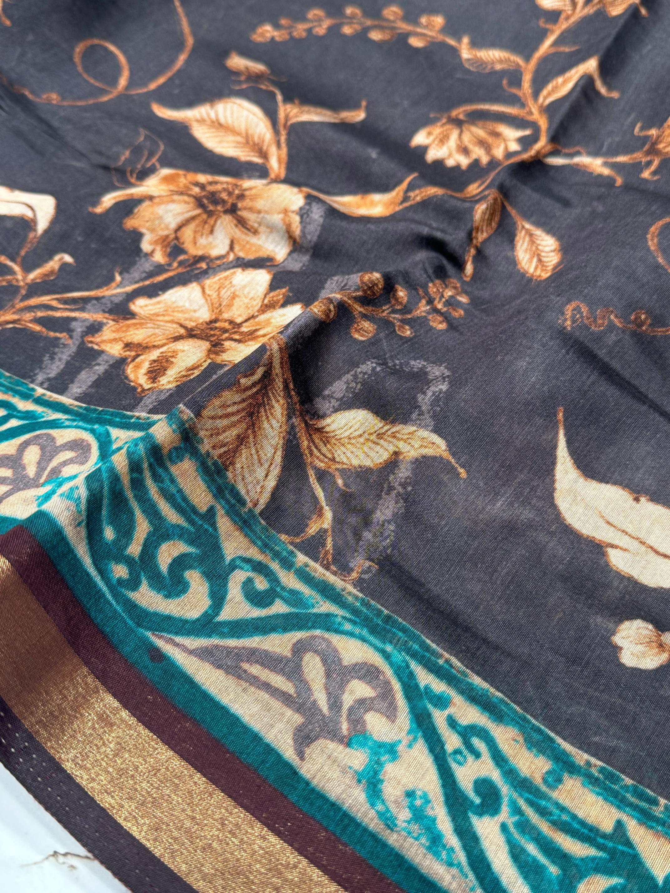 Ajrakh With Kalamkari Design Hand Block Print Maslin silk Saree K4