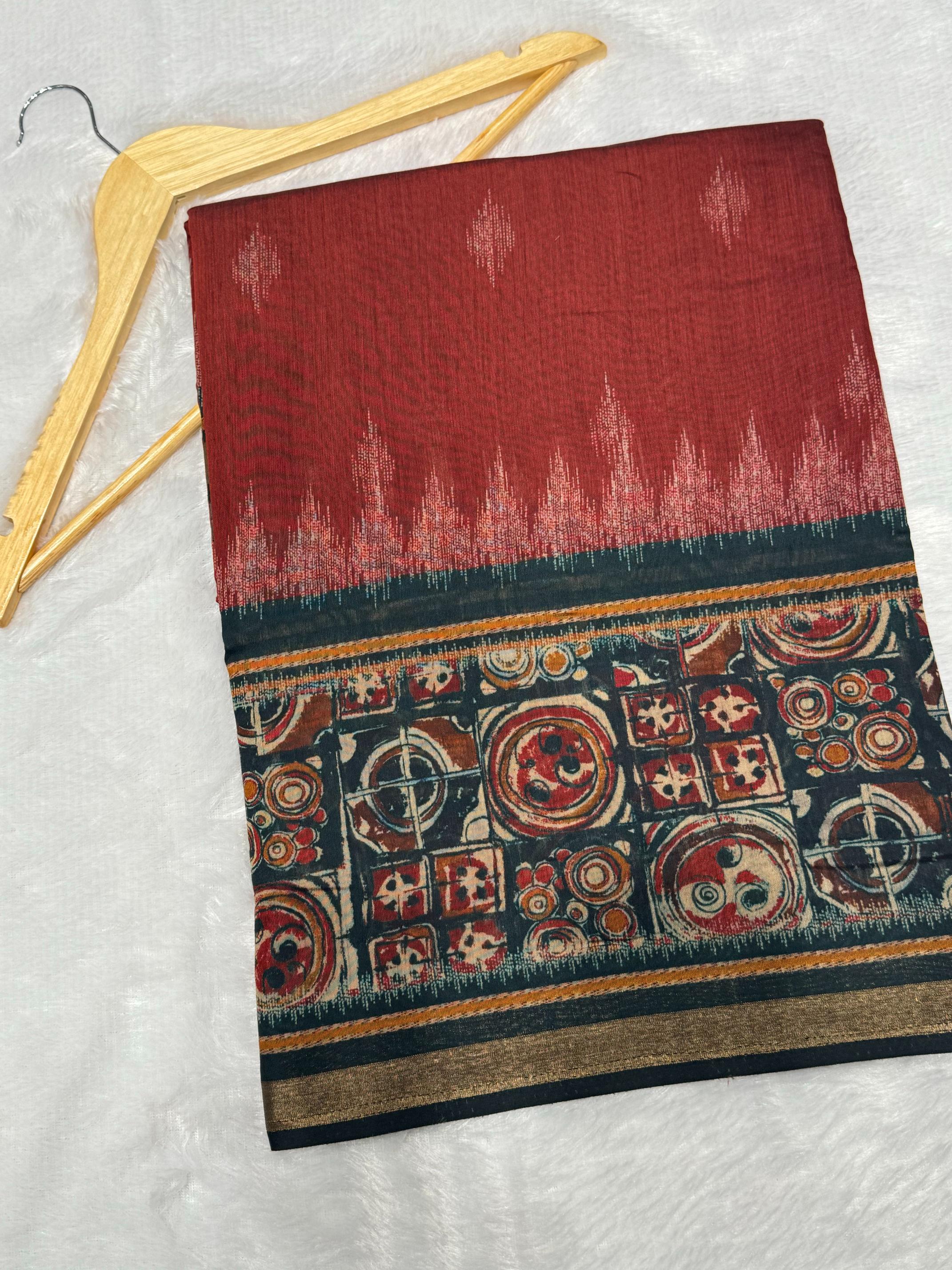 Ajrakh With Kalamkari Design Hand Block Print Maslin silk Saree K5