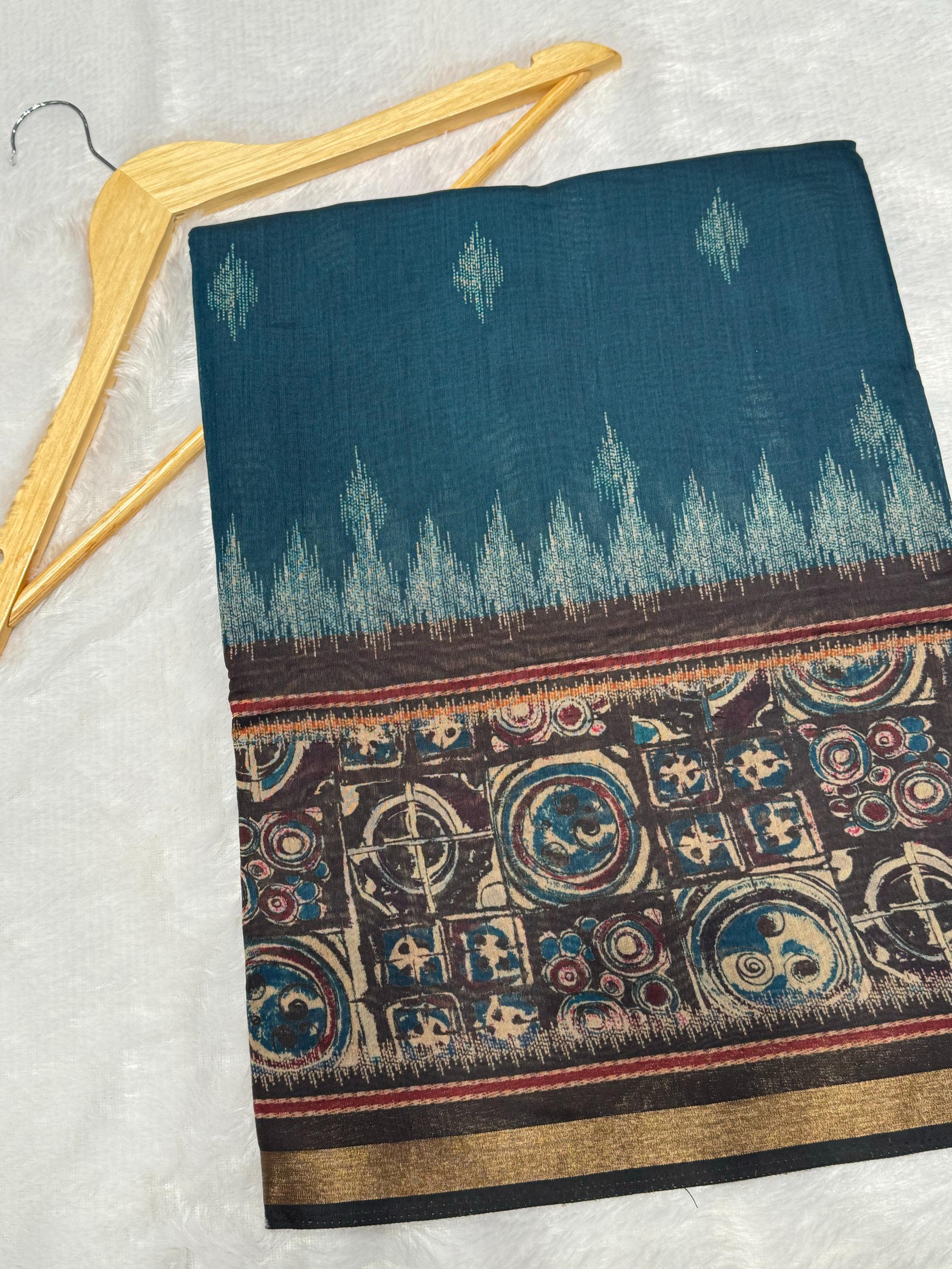 Ajrakh With Kalamkari Design Hand Block Print Maslin silk Saree K5