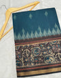 Ajrakh With Kalamkari Design Hand Block Print Maslin silk Saree K5