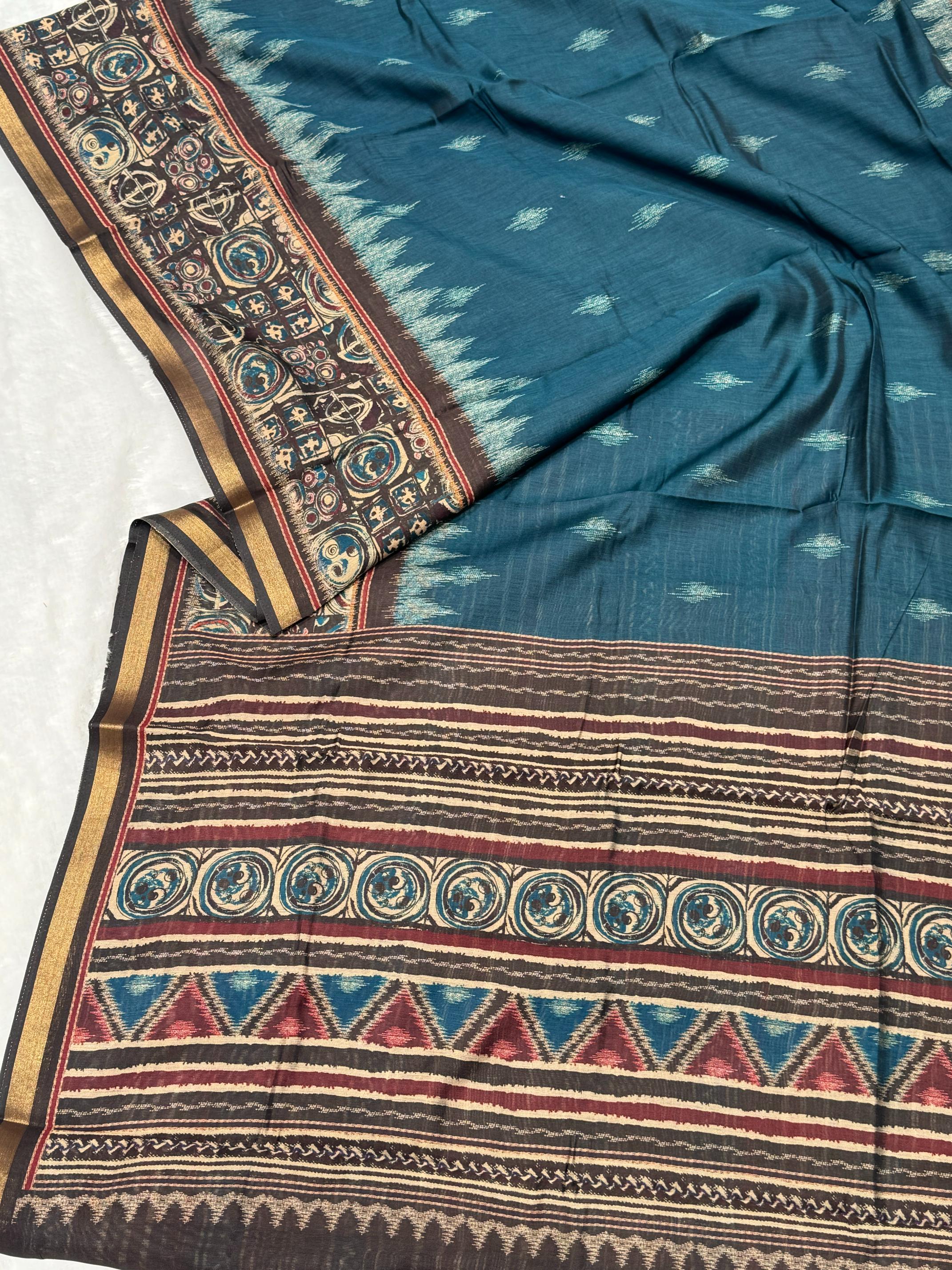 Ajrakh With Kalamkari Design Hand Block Print Maslin silk Saree K5