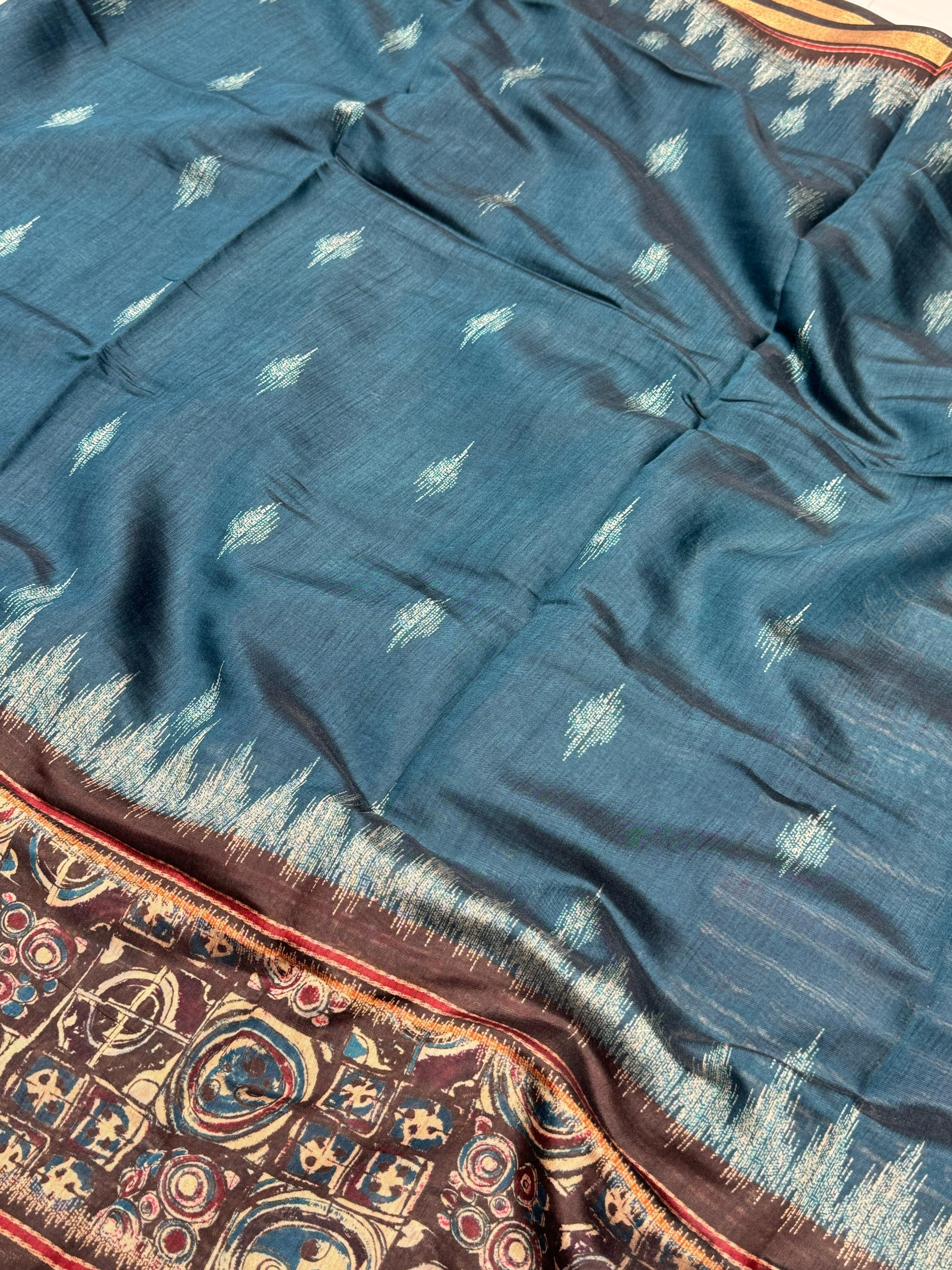 Ajrakh With Kalamkari Design Hand Block Print Maslin silk Saree K5