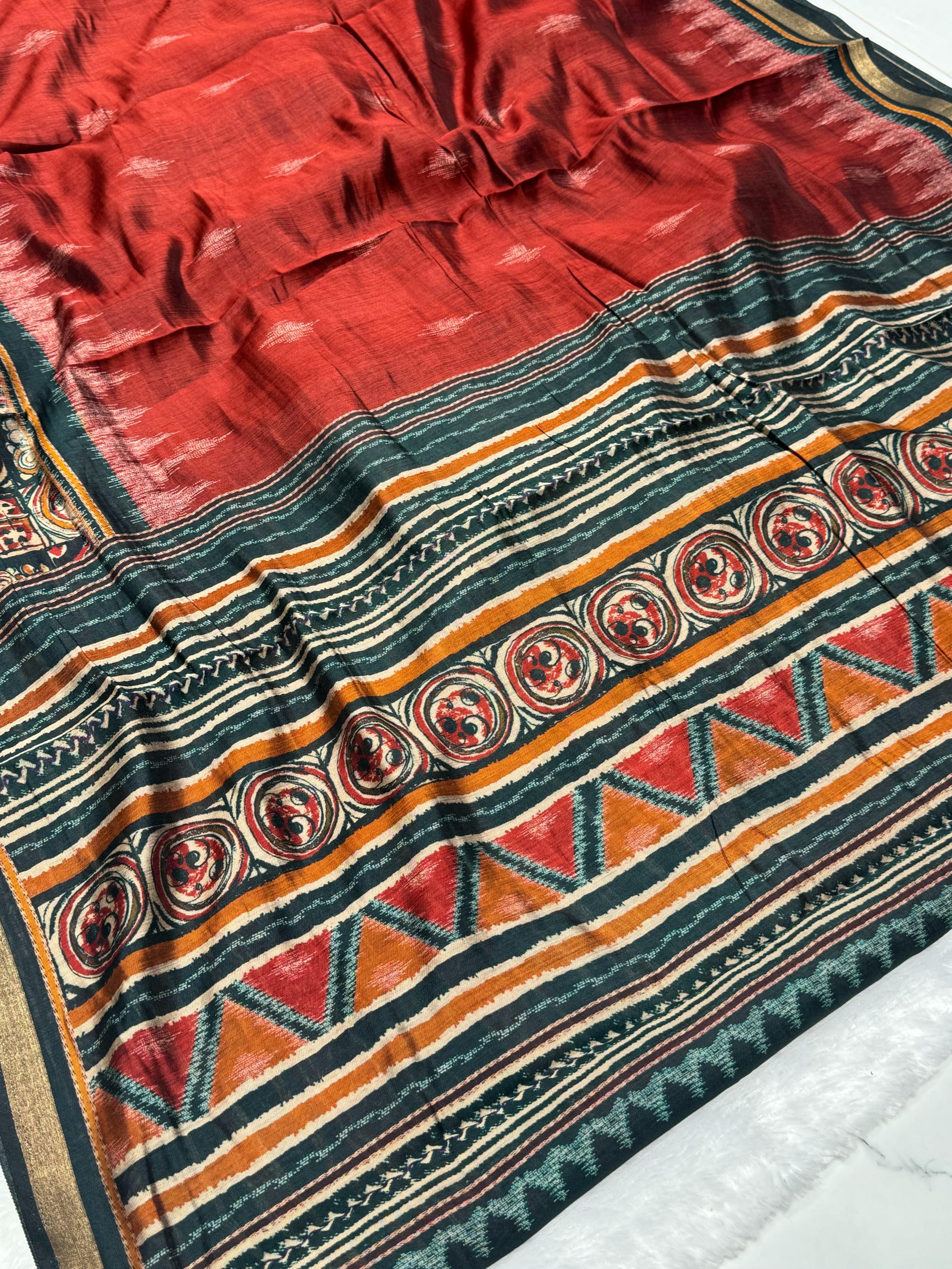 Ajrakh With Kalamkari Design Hand Block Print Maslin silk Saree K5