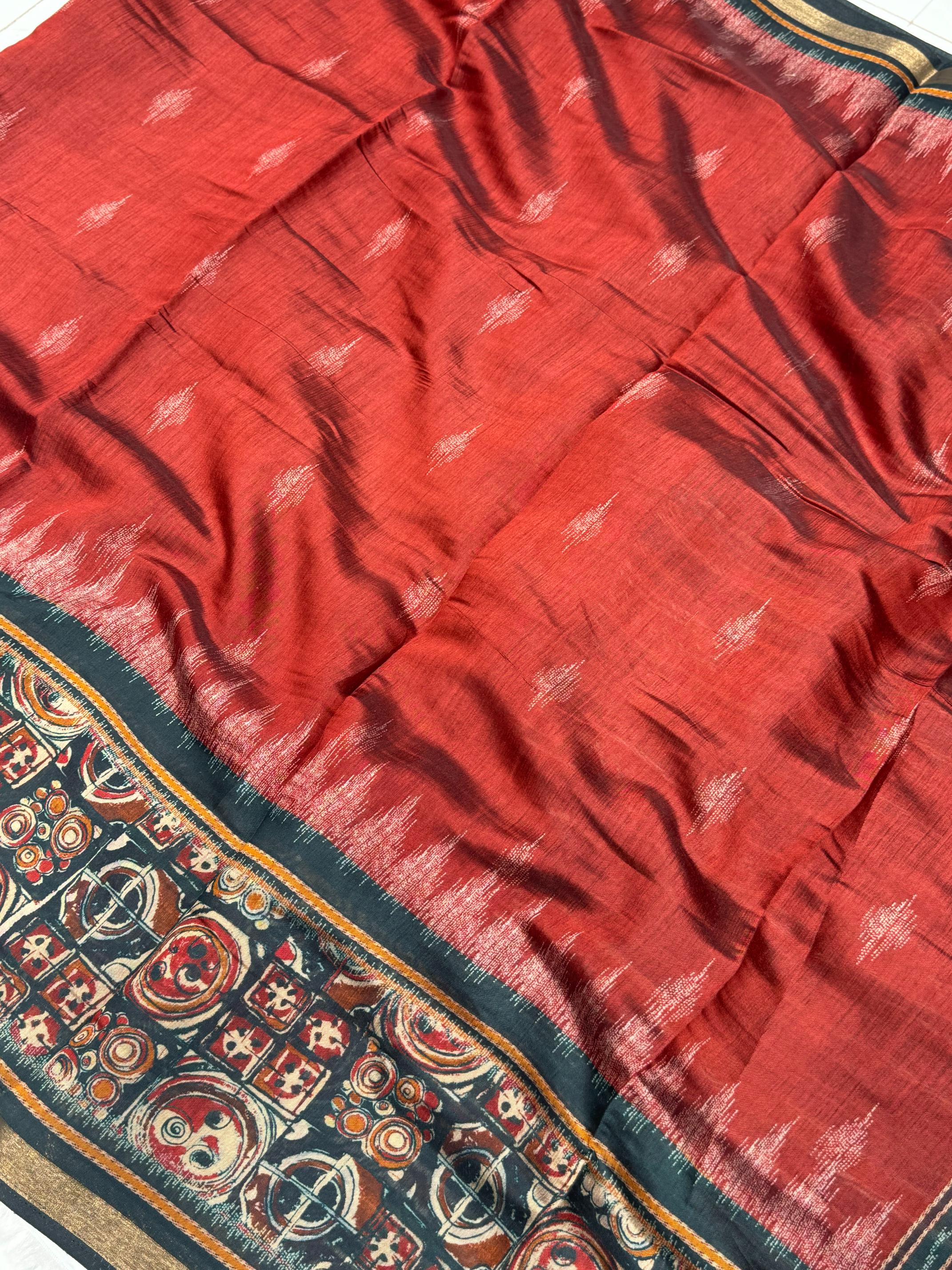 Ajrakh With Kalamkari Design Hand Block Print Maslin silk Saree K5