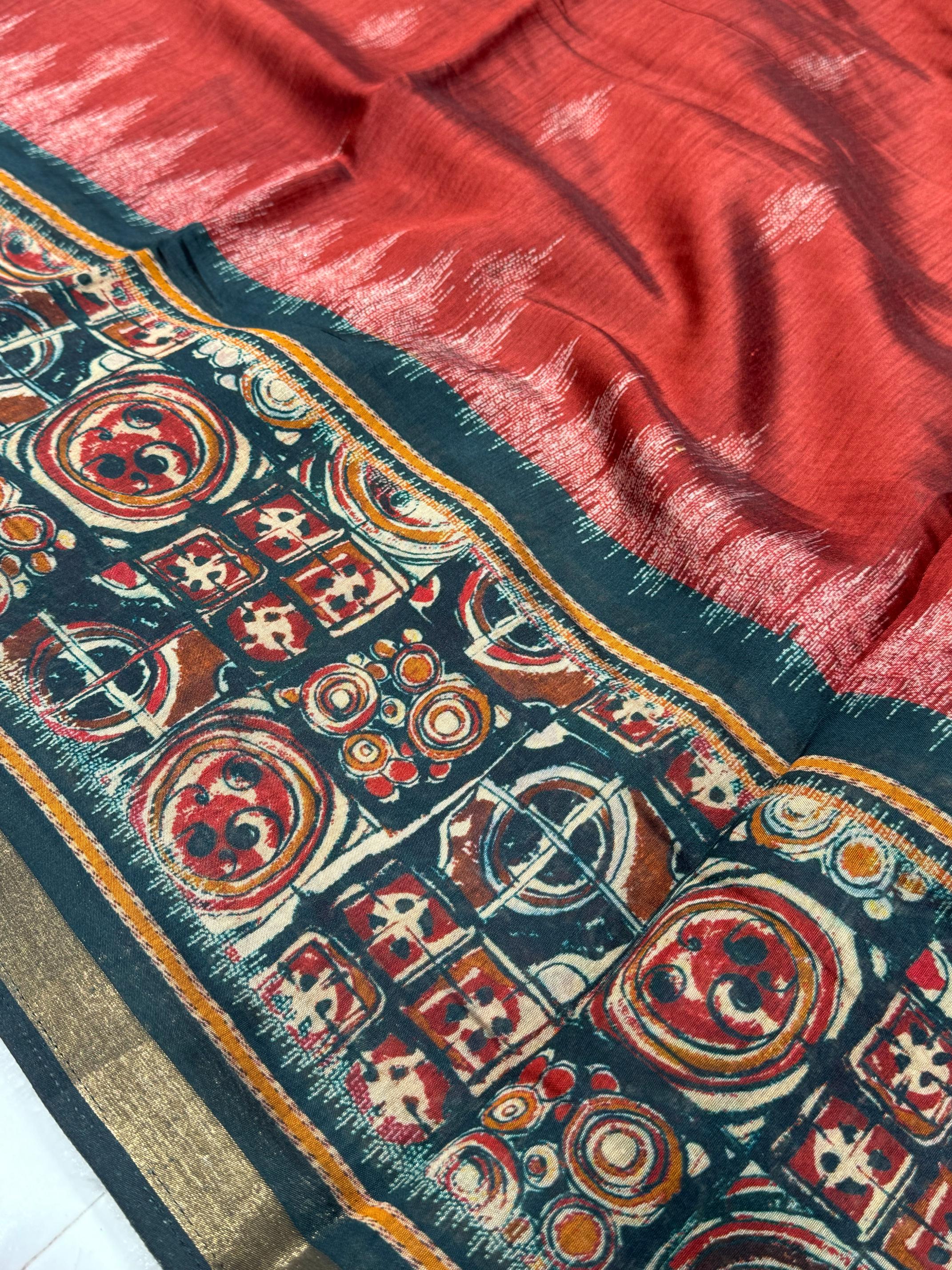 Ajrakh With Kalamkari Design Hand Block Print Maslin silk Saree K5