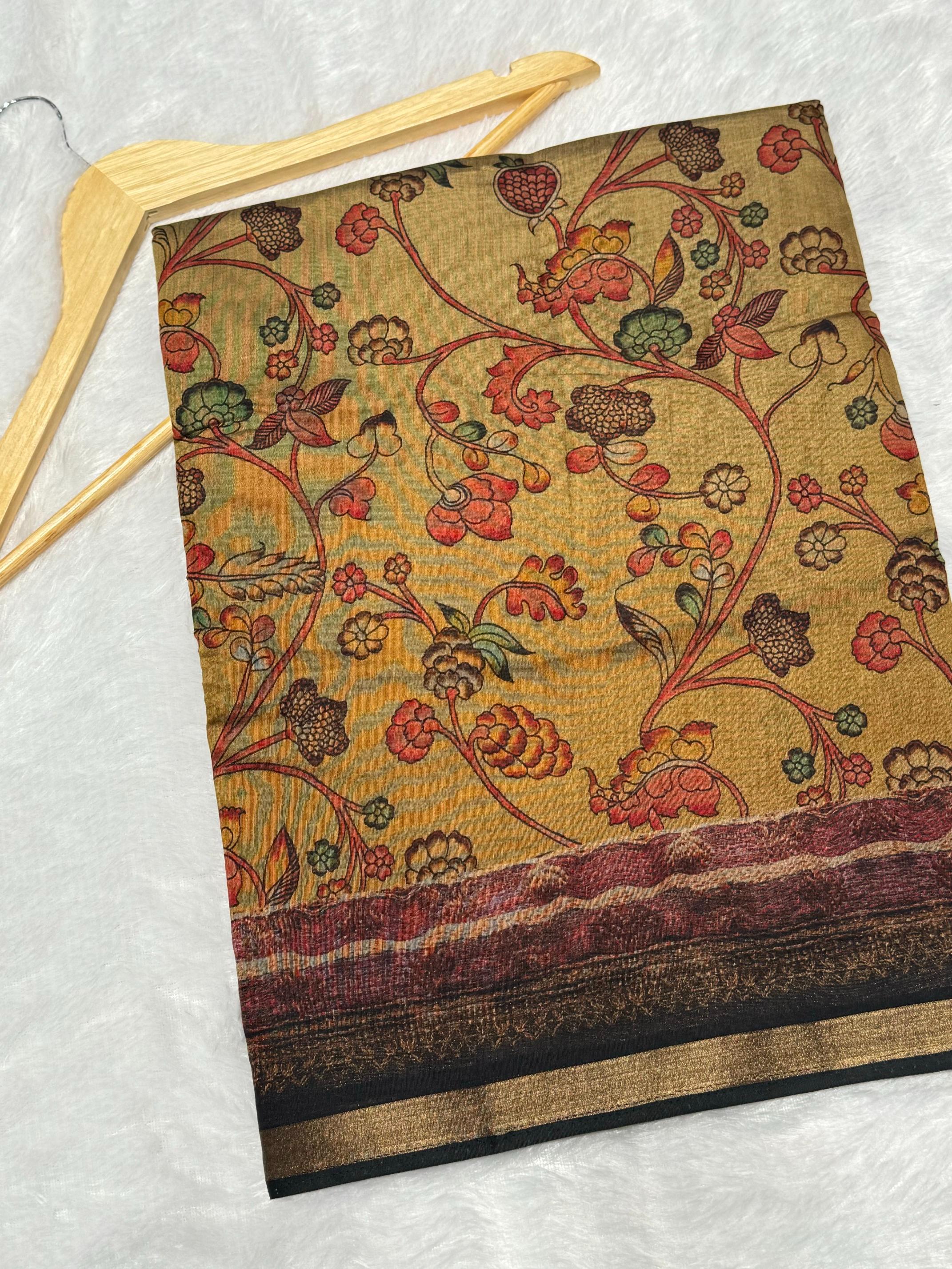 Ajrakh With Kalamkari Design Hand Block Print Maslin silk Saree K6