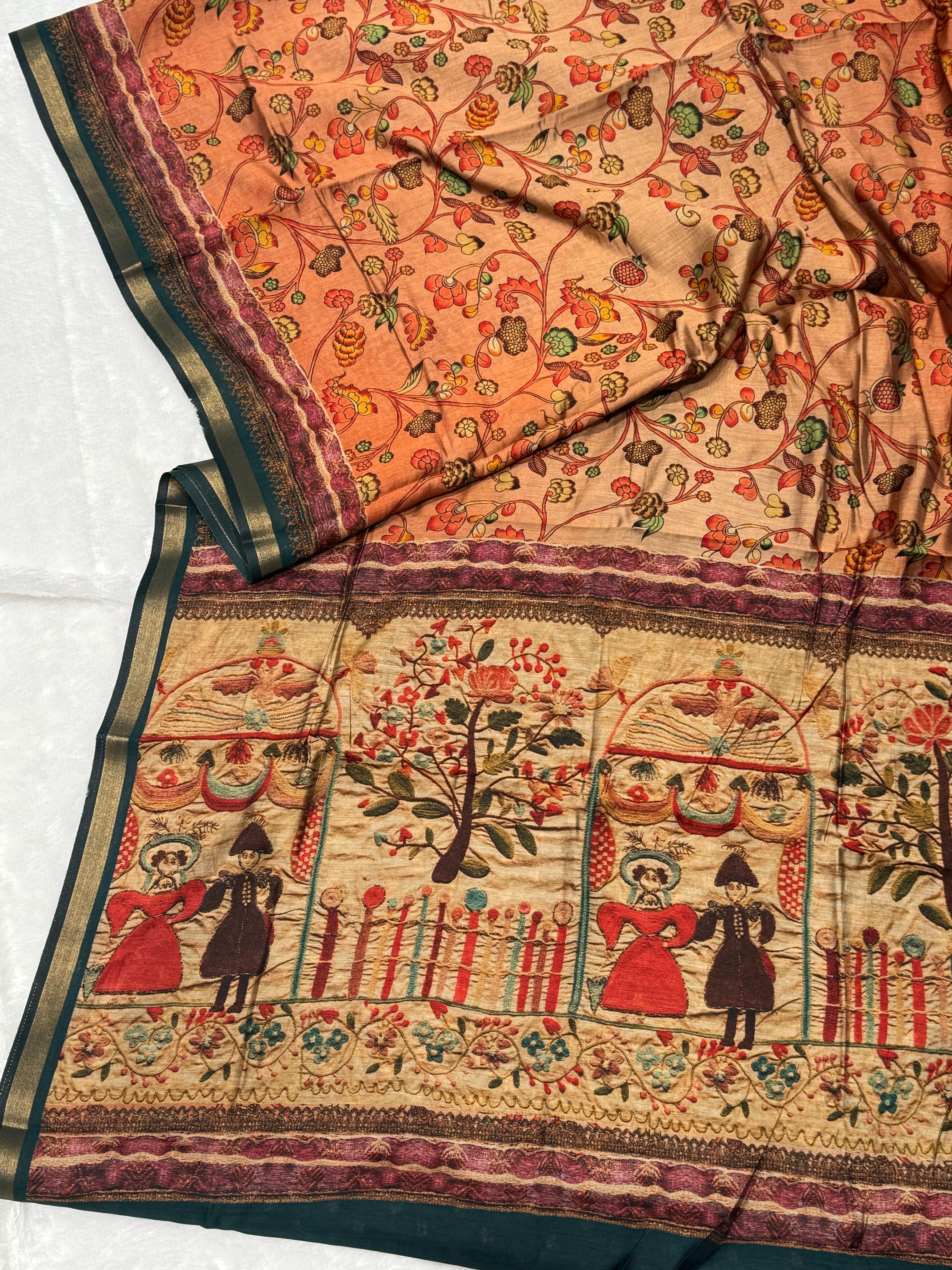 Ajrakh With Kalamkari Design Hand Block Print Maslin silk Saree K6