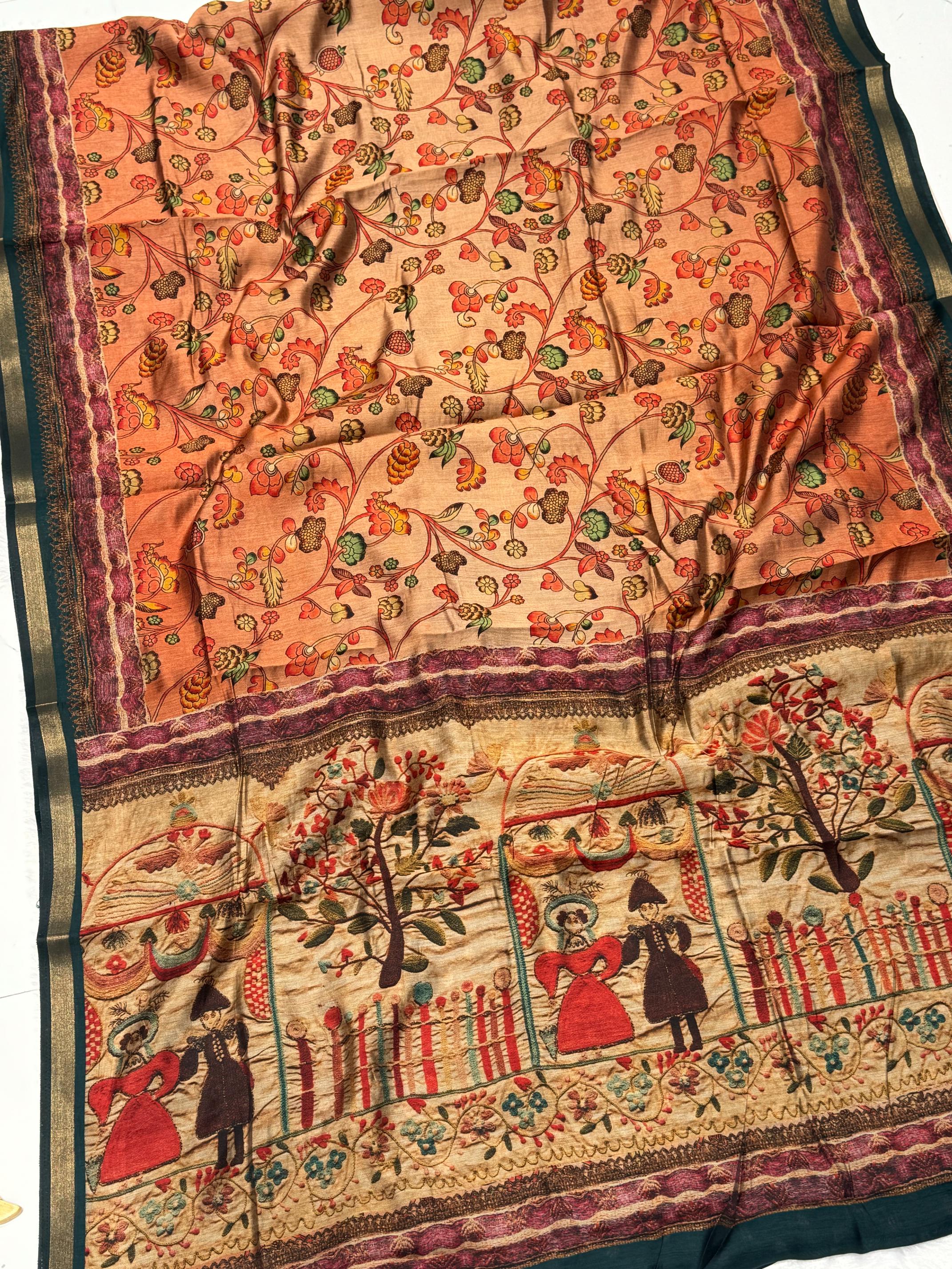 Ajrakh With Kalamkari Design Hand Block Print Maslin silk Saree K6