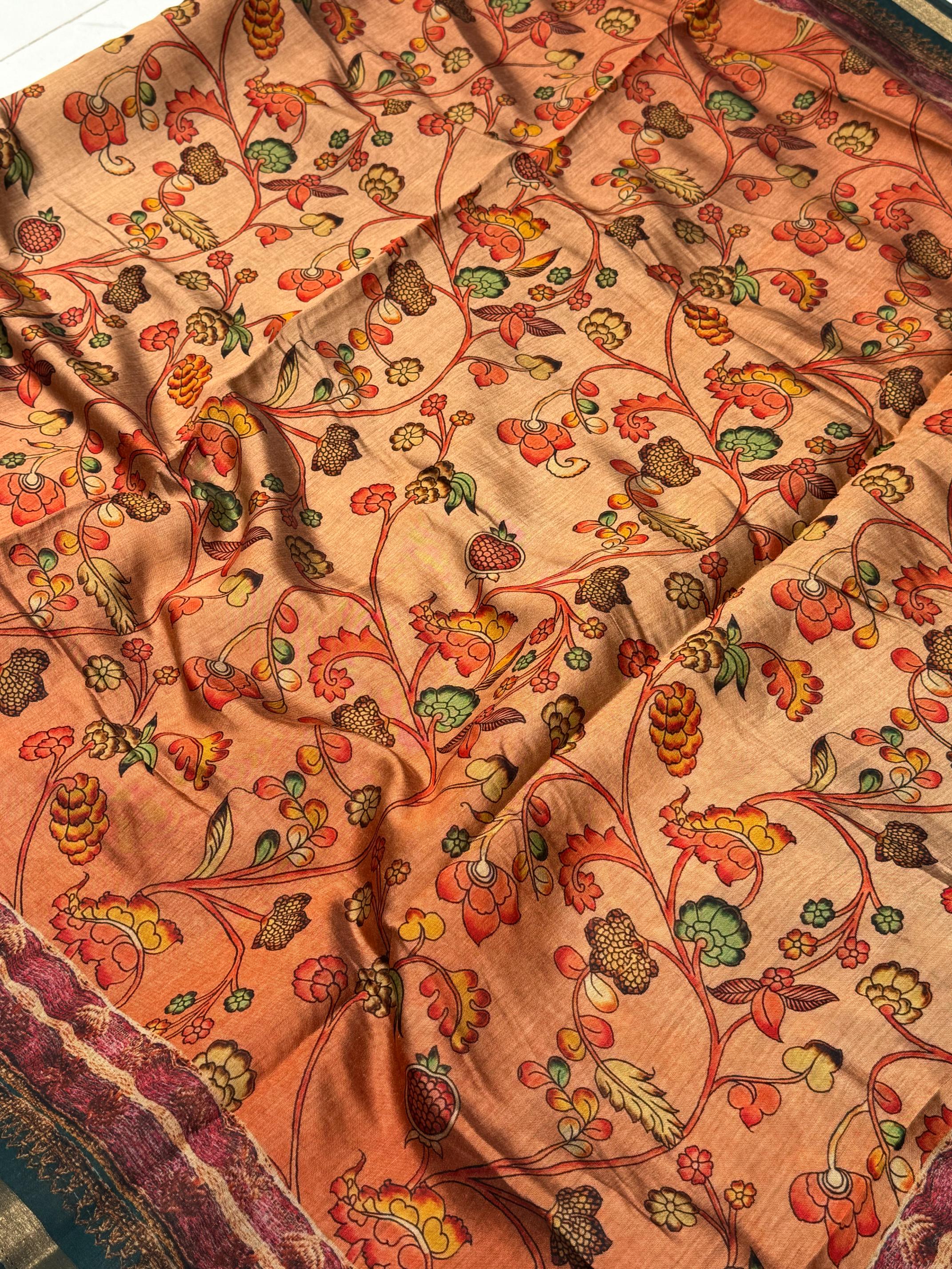 Ajrakh With Kalamkari Design Hand Block Print Maslin silk Saree K6