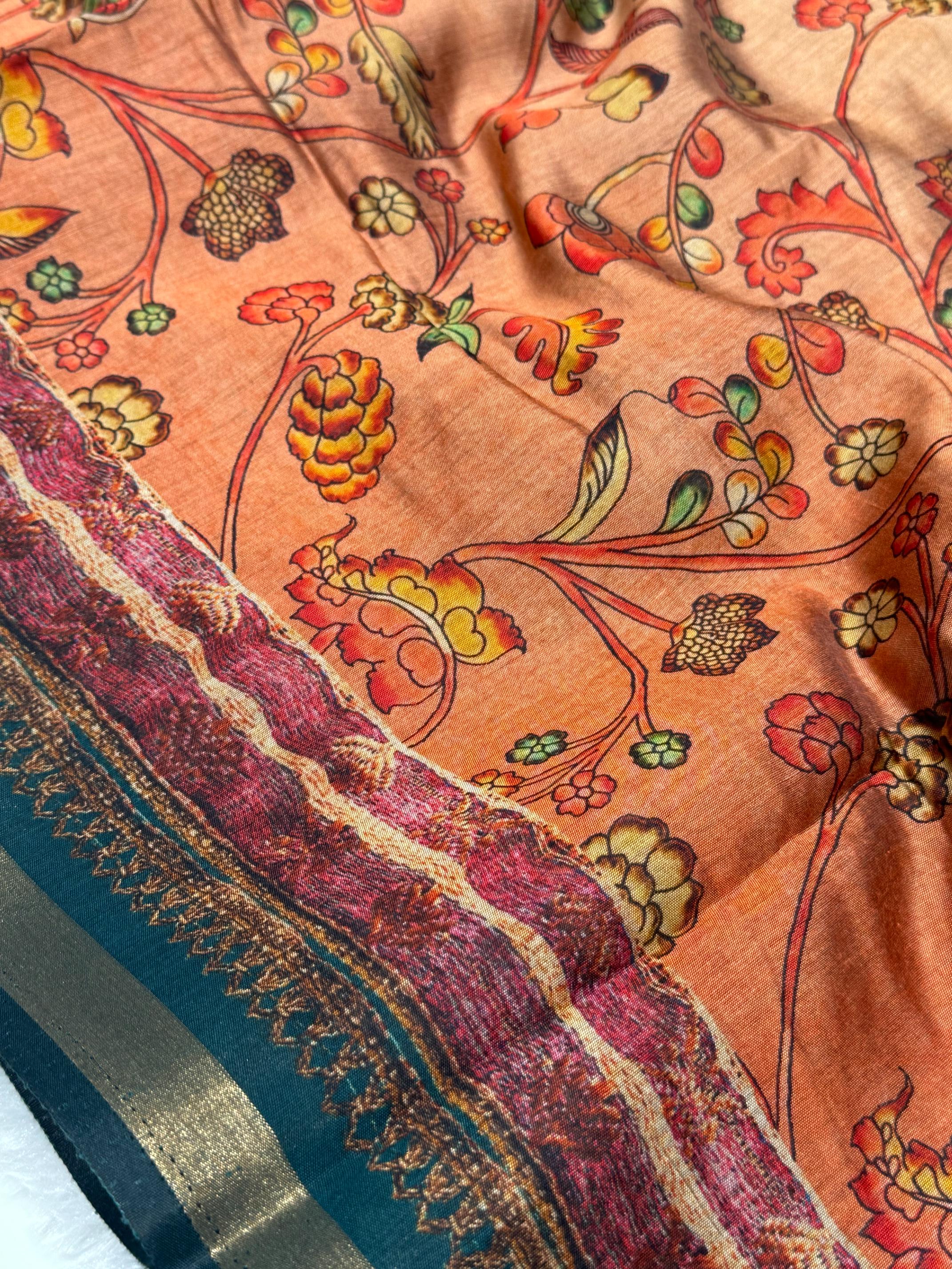 Ajrakh With Kalamkari Design Hand Block Print Maslin silk Saree K6