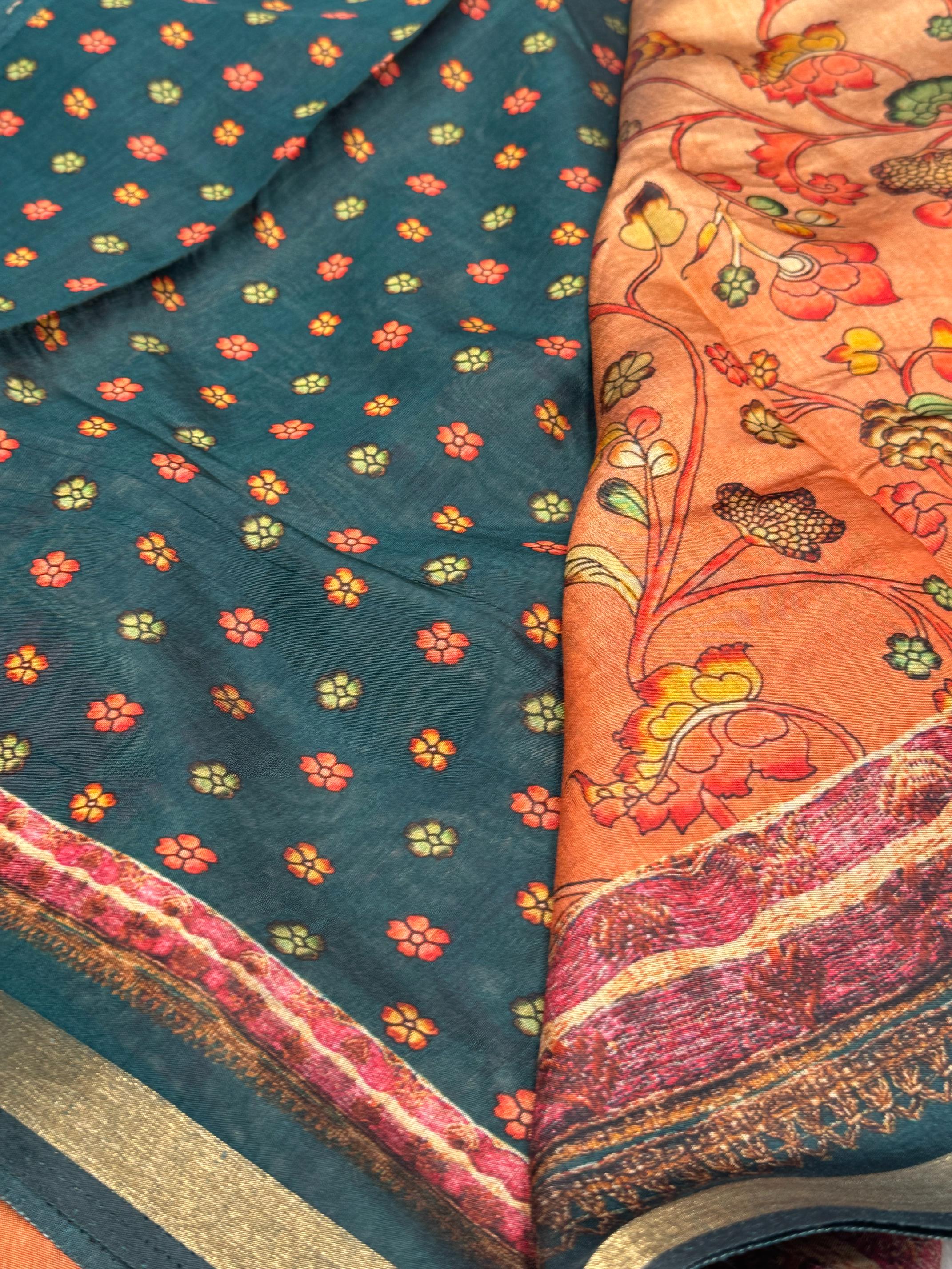 Ajrakh With Kalamkari Design Hand Block Print Maslin silk Saree K6